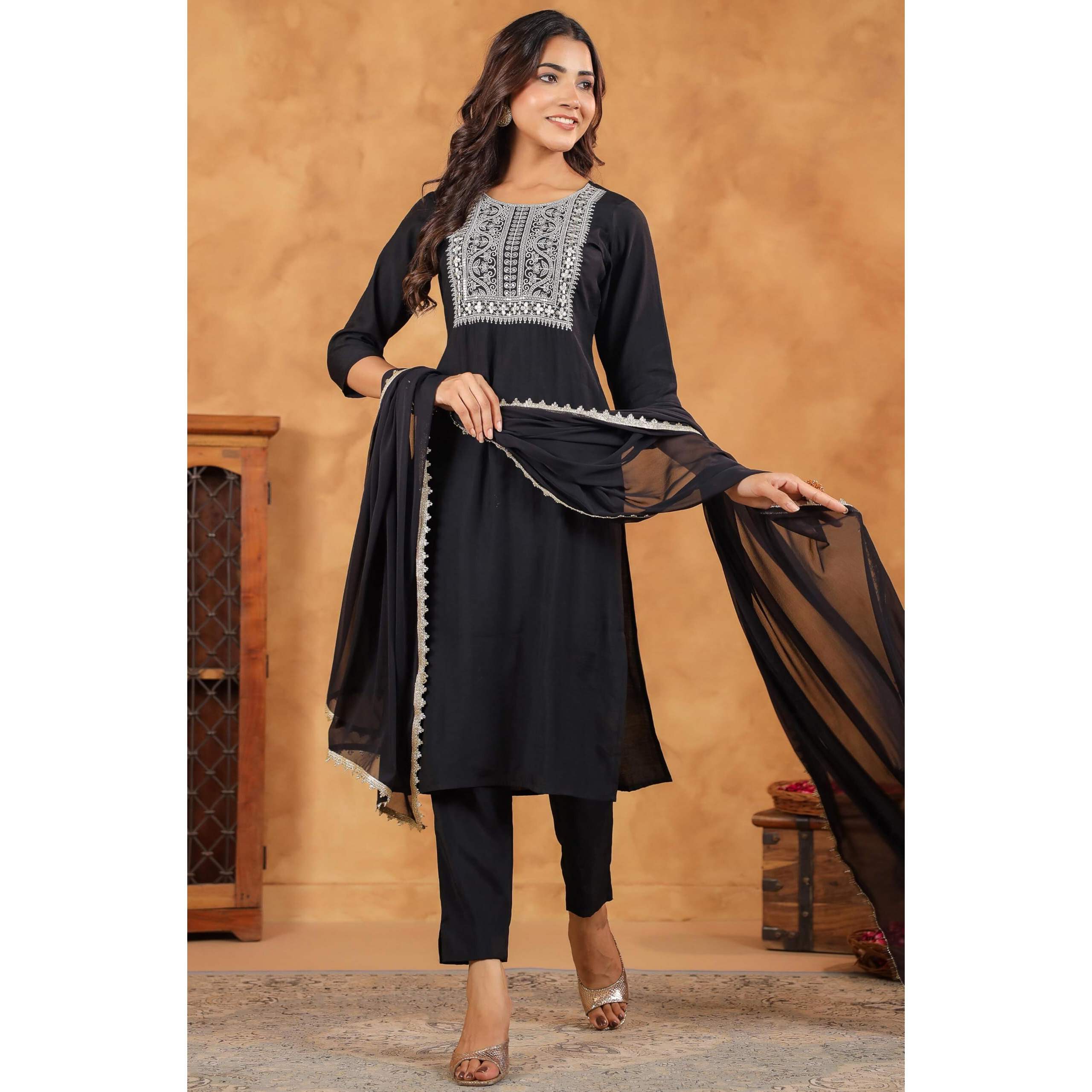 Janasya Women's Black Chanderi Silk Yoke Embroidered Straight Kurta Set (JAB24ST00967-XS)
