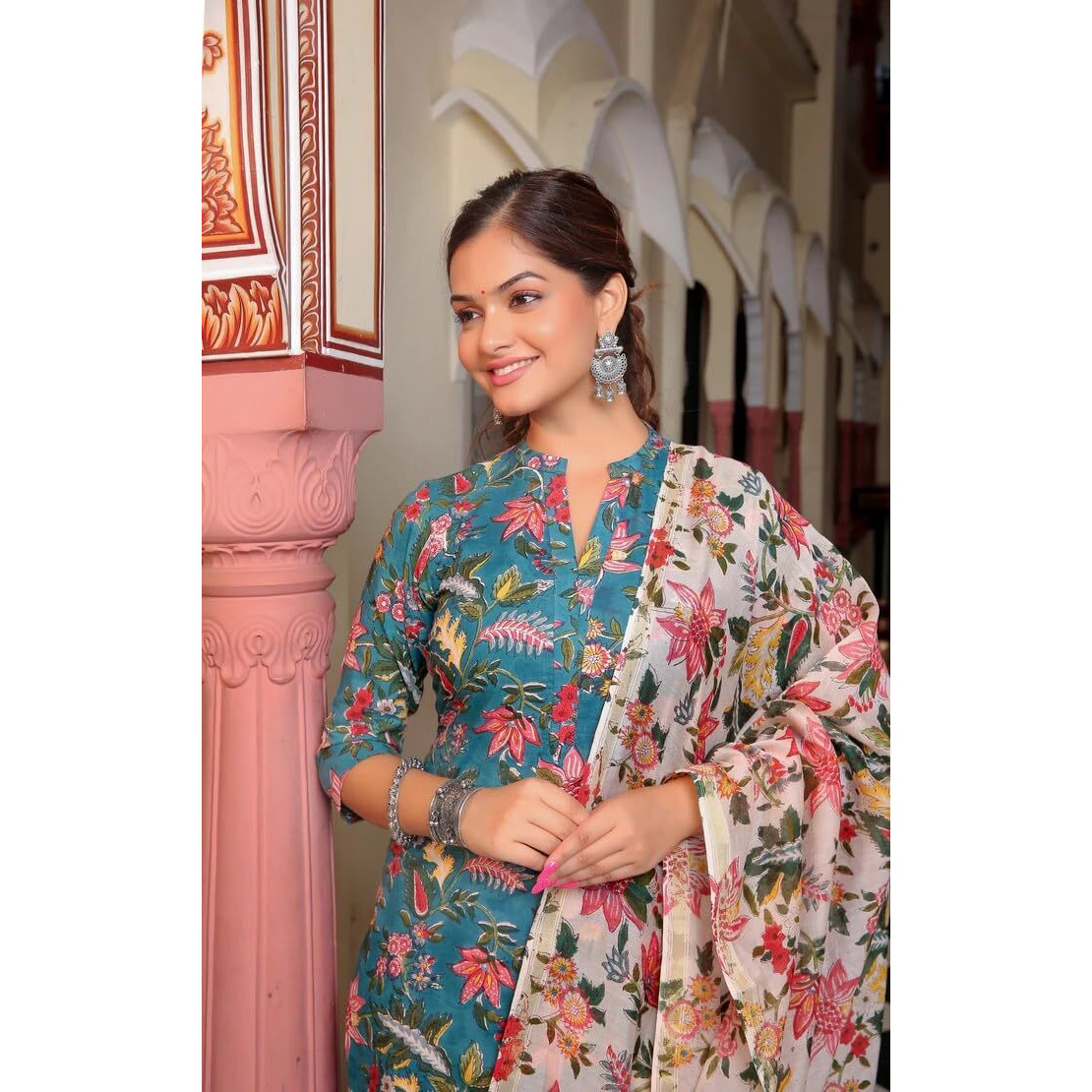 GRECIILOOKS Women Cotton Blend Casual Regular Fit Kurta Set (Teal, Large)