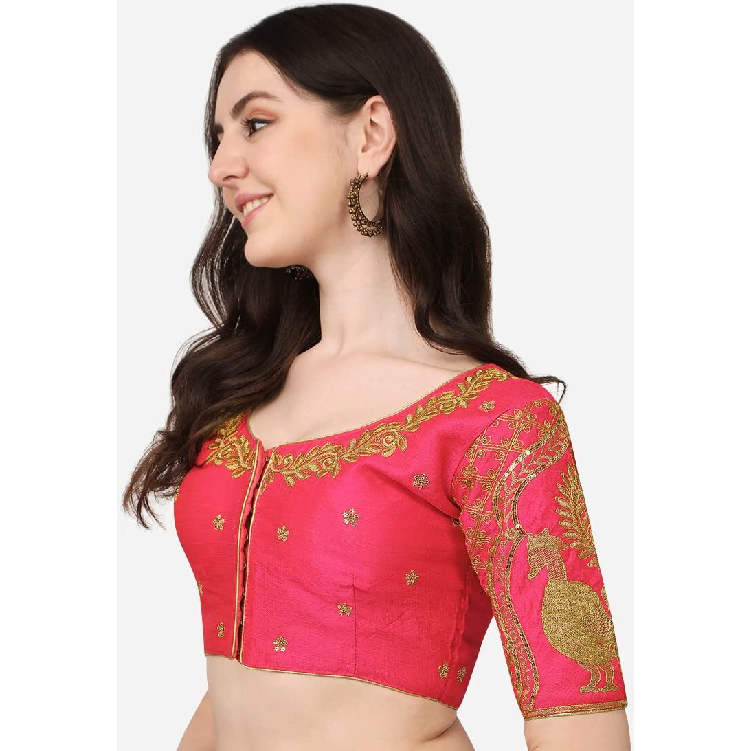 Pujia Mills Women's Embroidery Handwork & Sequin Work Peacock Design Half Sleeve Readymade Blouse (Mor Blouse_Gold_38 Size+Margin) (Gajri, 38)