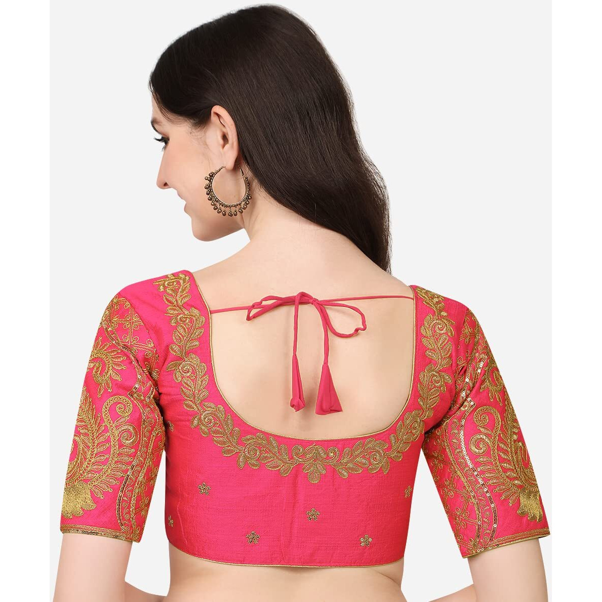 Pujia Mills Women's Embroidery Handwork & Sequin Work Peacock Design Half Sleeve Readymade Blouse (Mor Blouse_Gold_38 Size+Margin) (Gajri, 38)