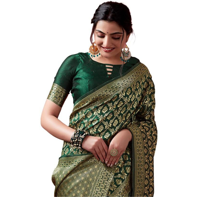 SAMAH Women's Jacquard Art Silk Saree (3581S179N_Dark Green2)