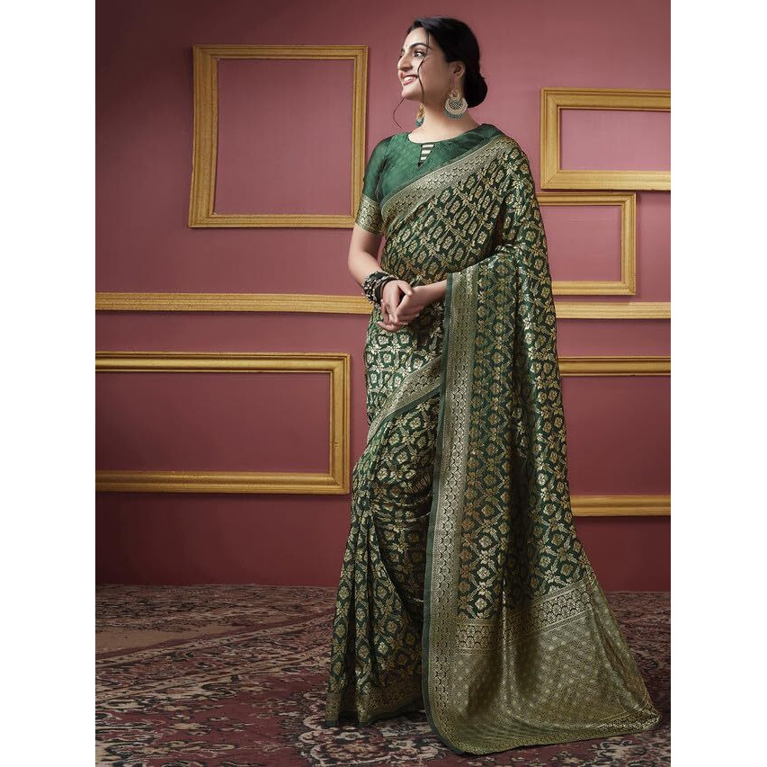 SAMAH Women's Jacquard Art Silk Saree (3581S179N_Dark Green2)