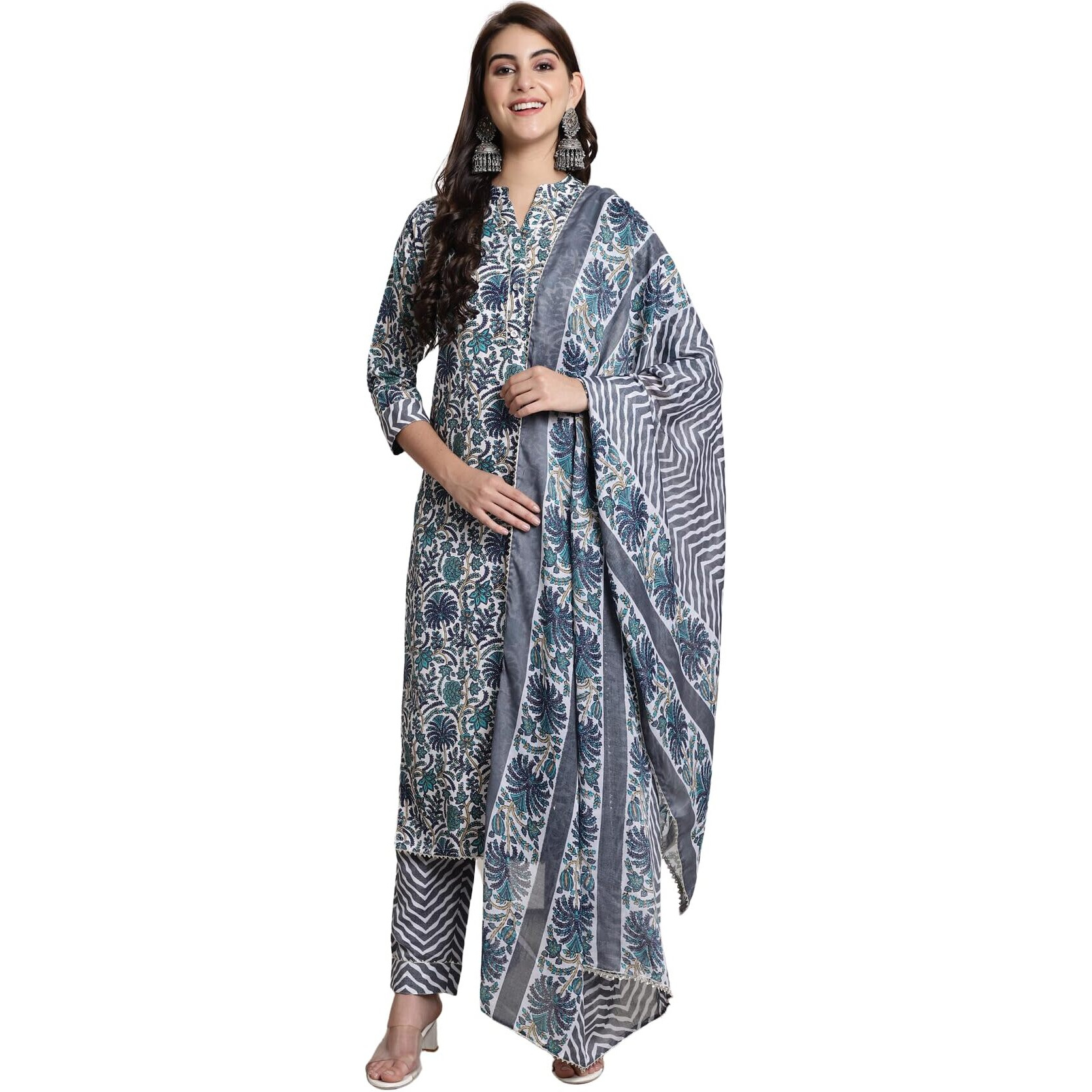 Merira Women's Pure Cotton Jaipuri Printed Kurta Set with Dupatta (MRAST203-S_Grey & Green_S)
