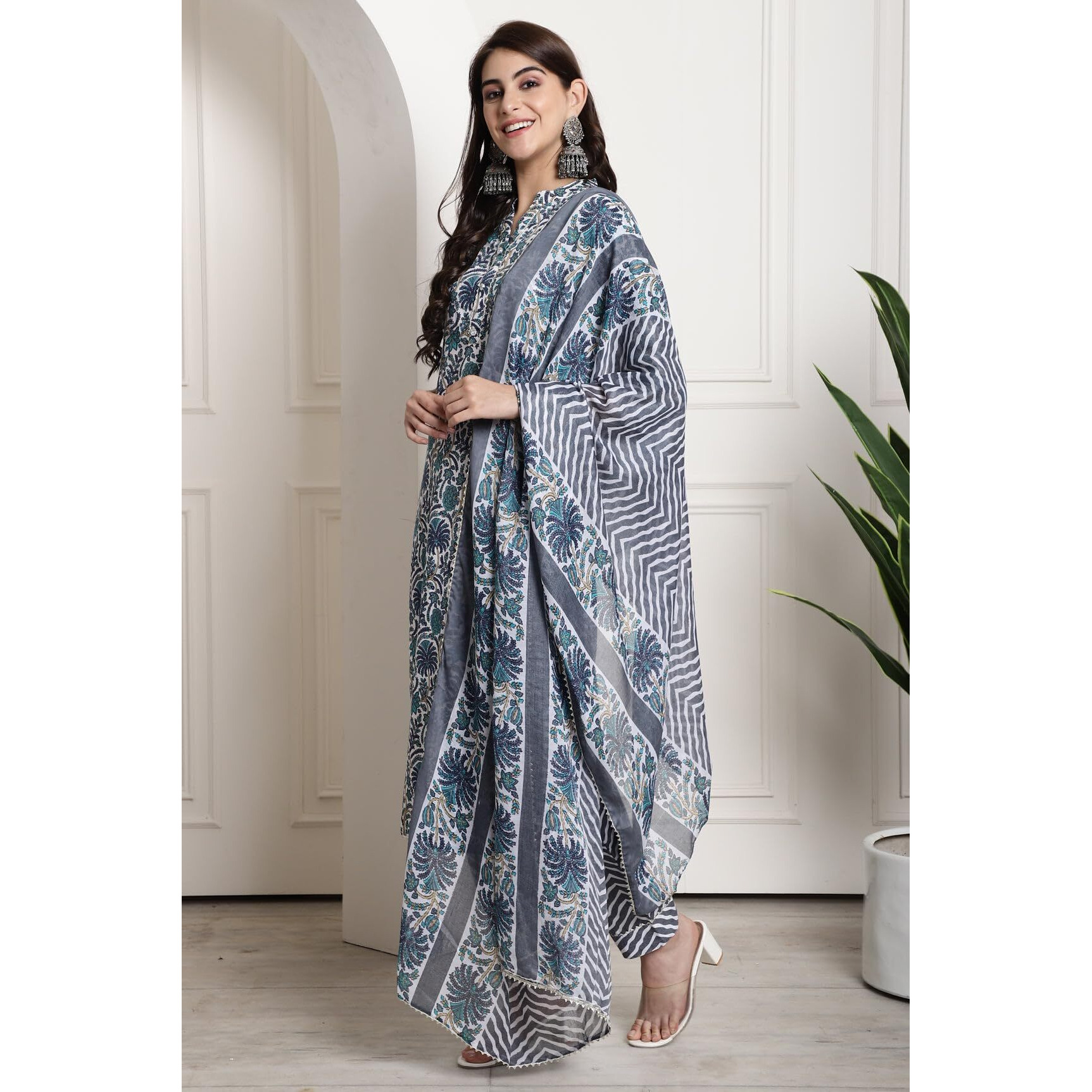 Merira Women's Pure Cotton Jaipuri Printed Kurta Set with Dupatta (MRAST203-S_Grey & Green_S)