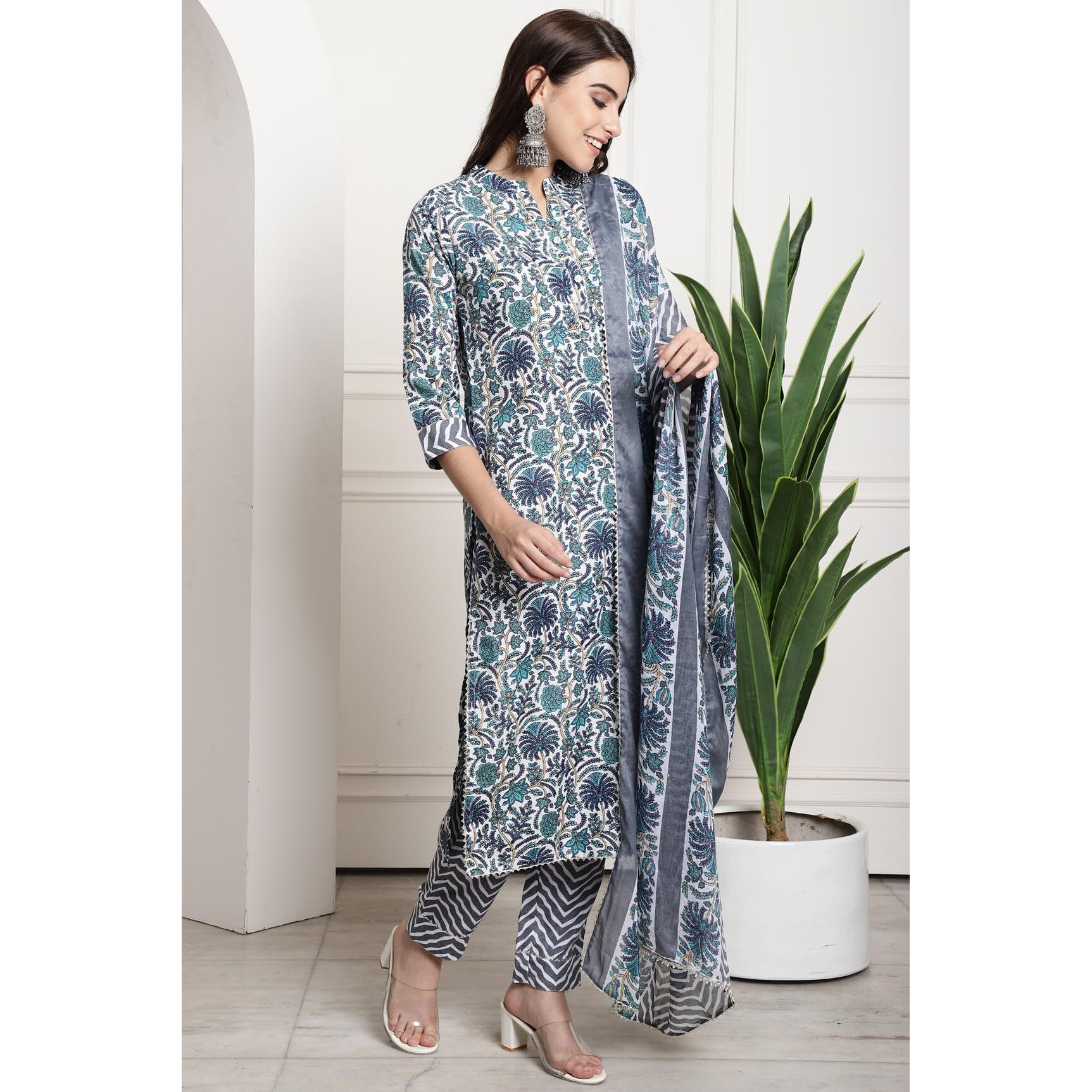 Merira Women's Pure Cotton Jaipuri Printed Kurta Set with Dupatta (MRAST203-S_Grey & Green_S)