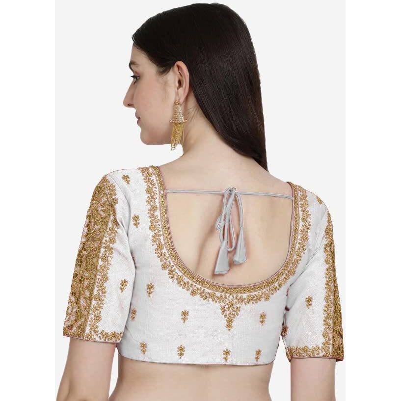 Pujia Mills Women's Silk Floral Half Sleeve Regular Blouse (Gulab White 38)