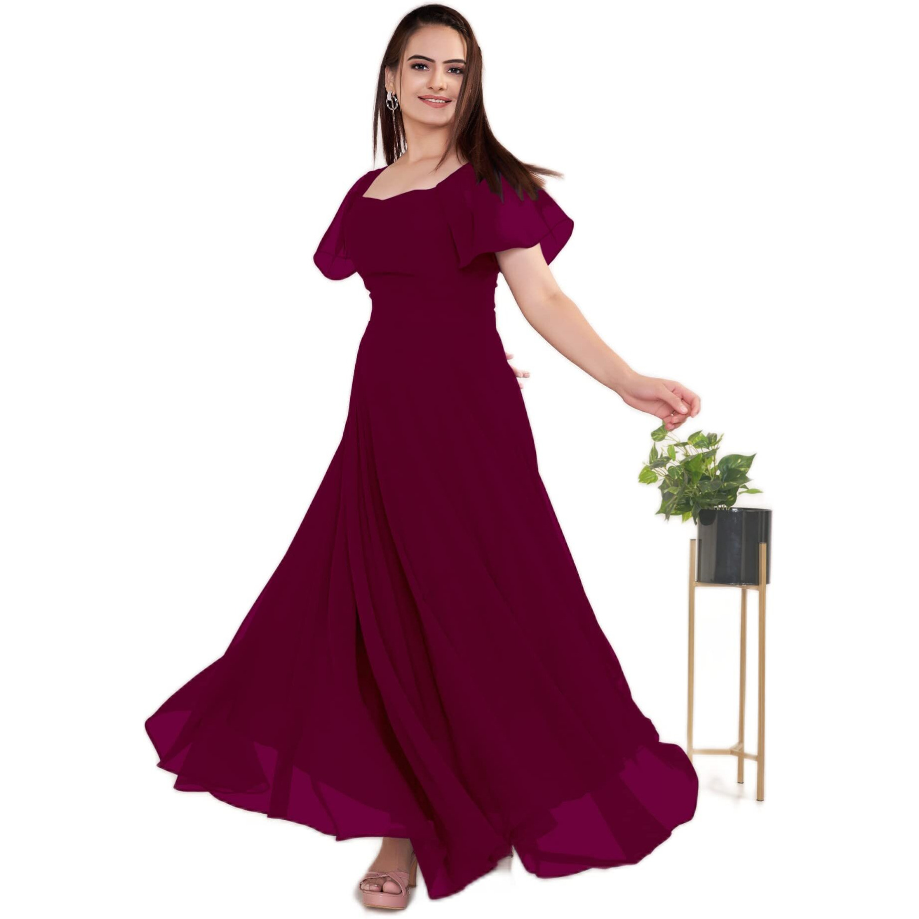 Femvy Designer georgette gown for women Wine