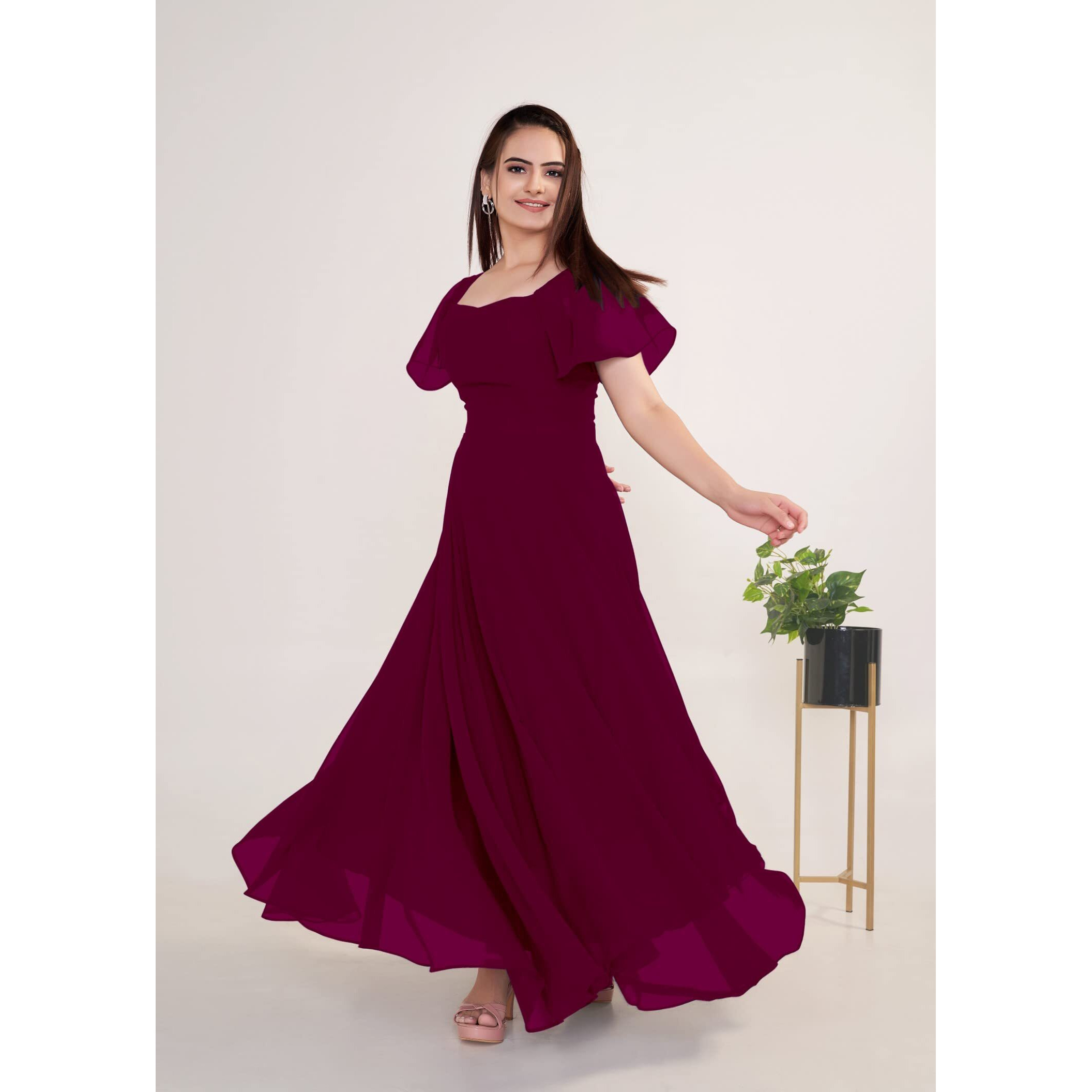 Femvy Designer georgette gown for women Wine