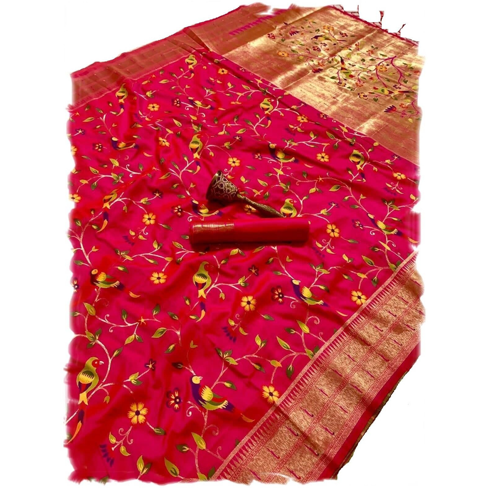 Panzora Woman's Rani Pure Soft Kanchipuram Paithani Silk Saree With Unstitched Blouse Piece.