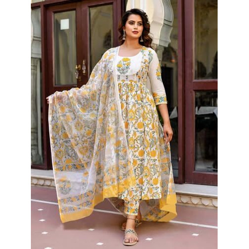 Pinkmint Women Flower Printed Anarkali Kurta & Pat Set with Dupatta