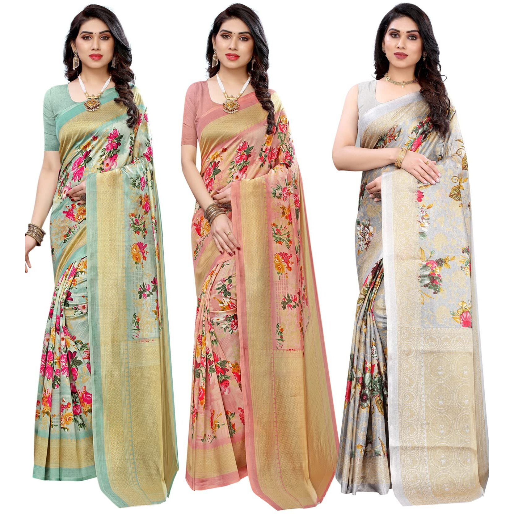 Yashika Women's Combo Art Silk Saree with Blouse Piece-Pack of 3 Light Green-AIR Peach-PUDINA Grey Multicolor-02