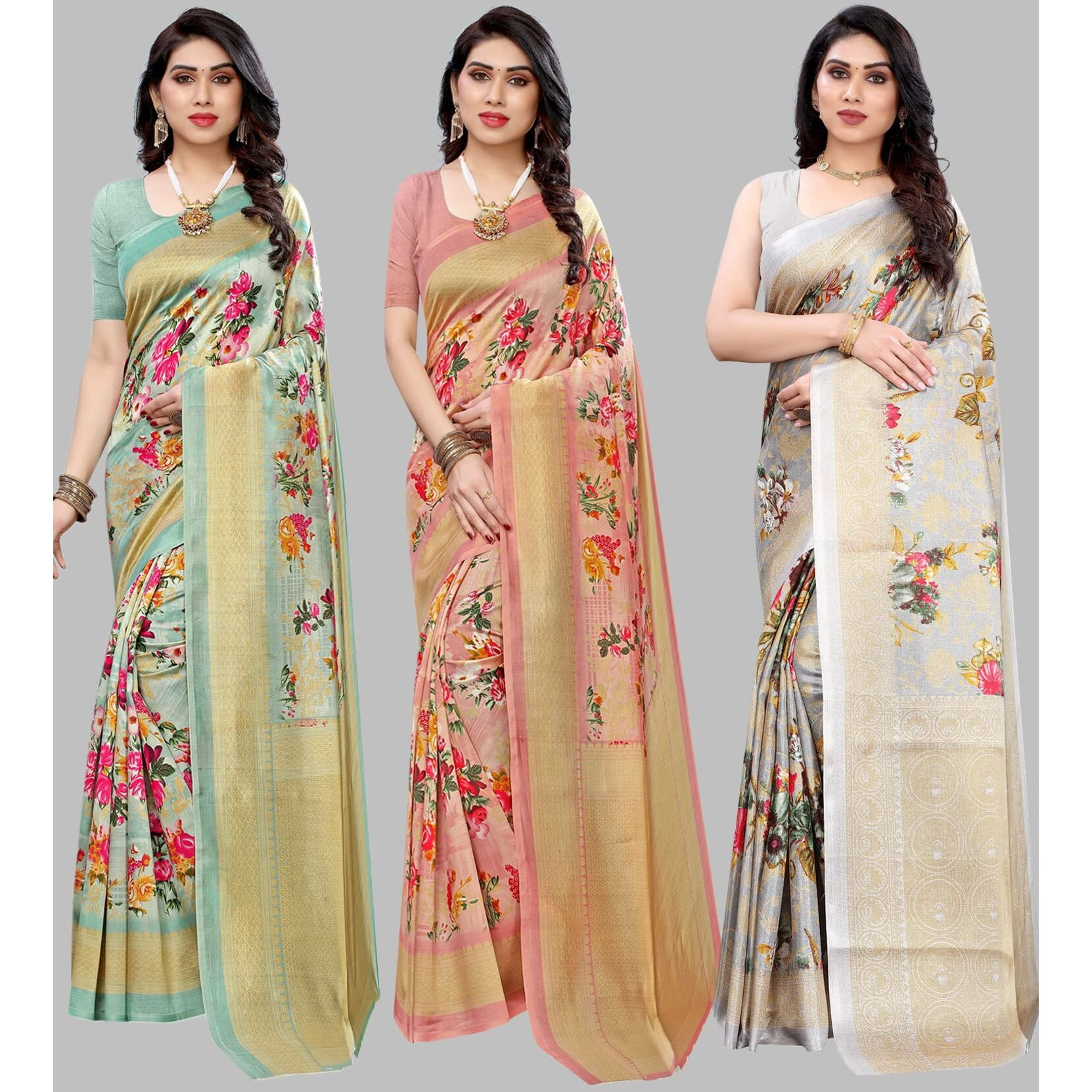 Yashika Women's Combo Art Silk Saree with Blouse Piece-Pack of 3 Light Green-AIR Peach-PUDINA Grey Multicolor-02