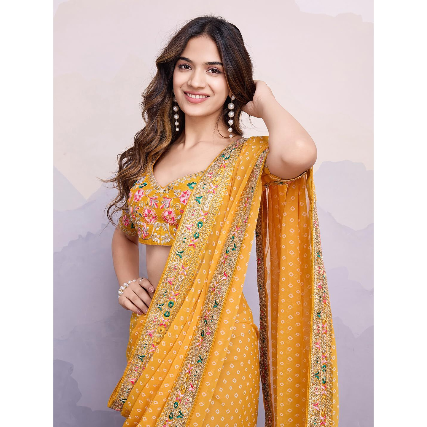 VAIRAGEE Women Soft Georgette Yellow Printed Embroidery Saree With Unstiched Blouse(6253)