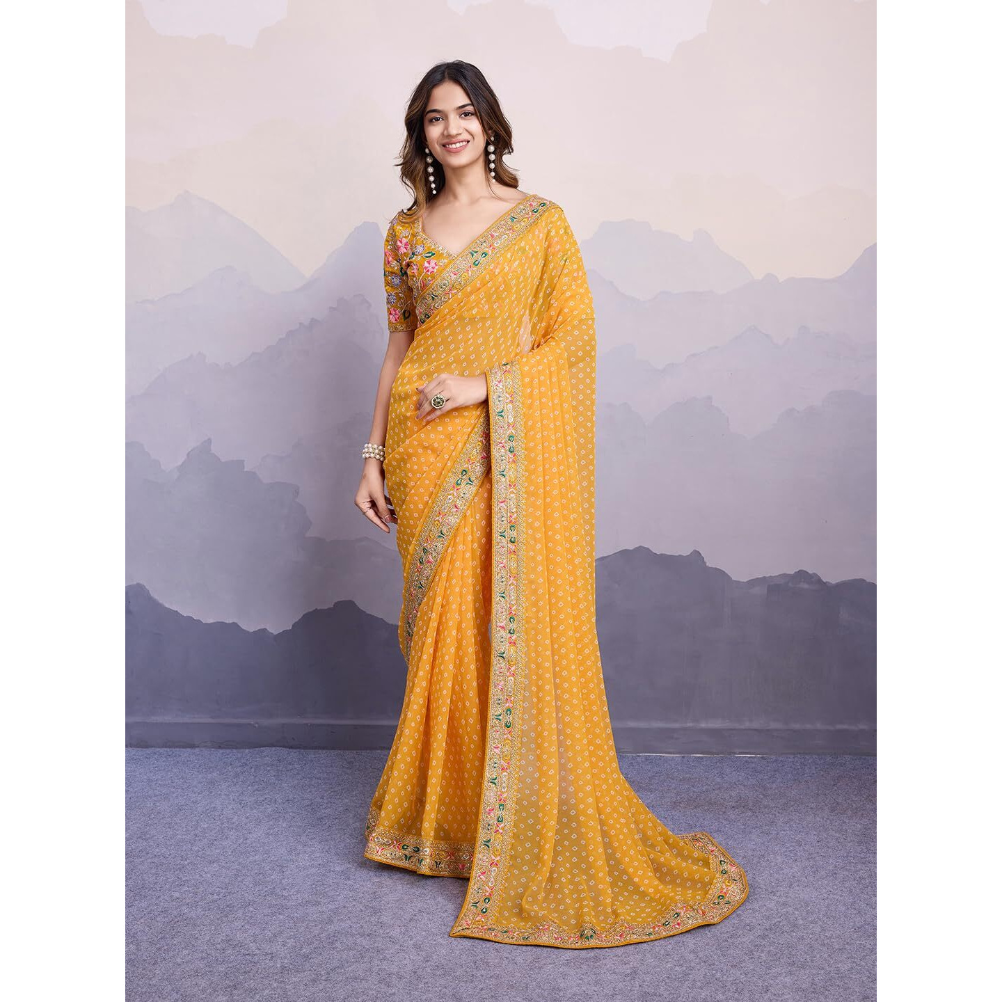 VAIRAGEE Women Soft Georgette Yellow Printed Embroidery Saree With Unstiched Blouse(6253)