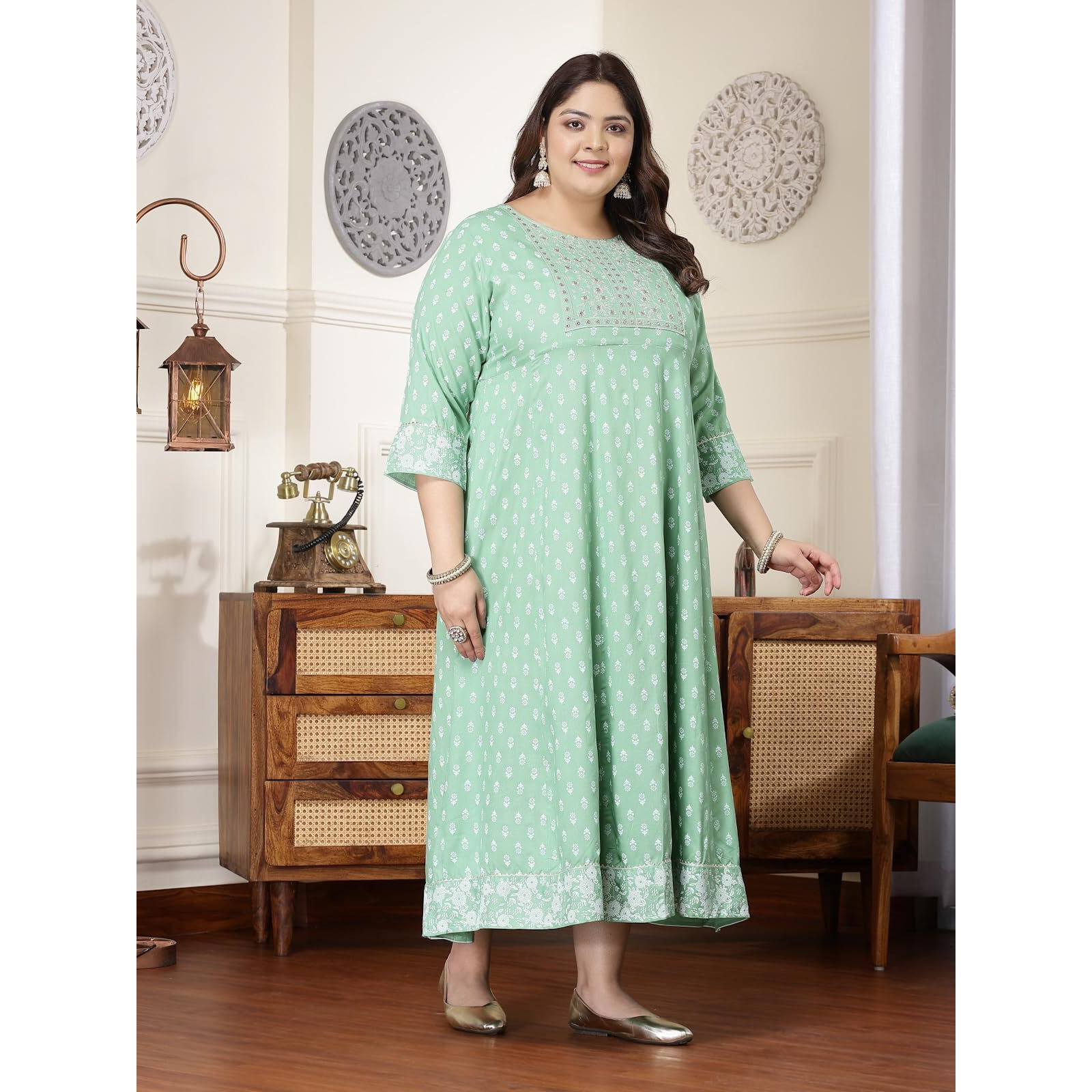 Stylum Plus Size Women Printed & Embroidered Rayon Anarkali Kurta (PISTADIONPLUS50_Pista, 5XL)
