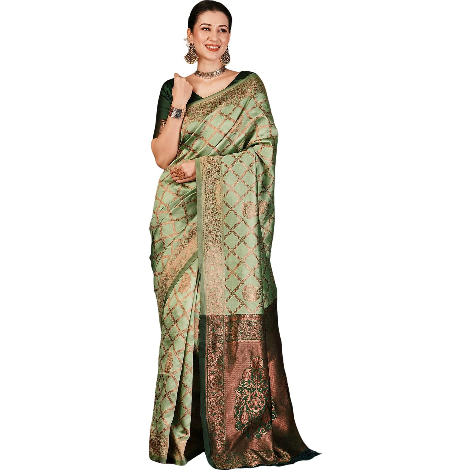 SAMAH Women's Jacquard Silk Saree (3759S135N_Pista Dark Green)