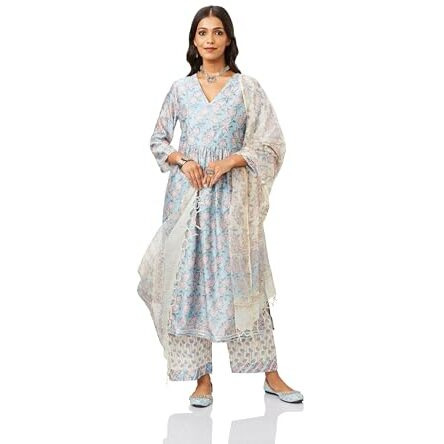 Amazon Brand - Myx Women's Silk Blend Salwar Suit (SS24-MYX-SGN-SKD-04_Blue Sanganeri_3XL)