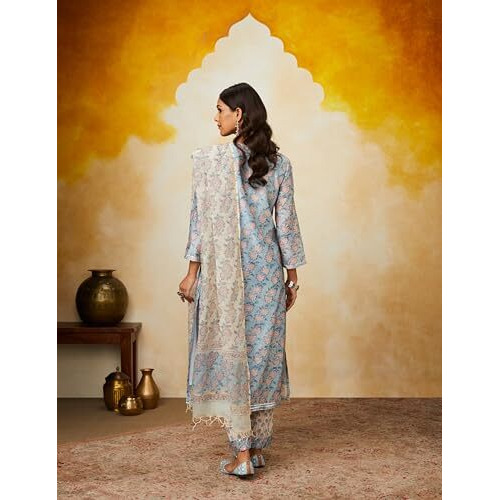 Amazon Brand - Myx Women's Silk Blend Salwar Suit (SS24-MYX-SGN-SKD-04_Blue Sanganeri_3XL)