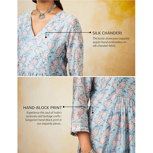 Amazon Brand - Myx Women's Silk Blend Salwar Suit (SS24-MYX-SGN-SKD-04_Blue Sanganeri_3XL)