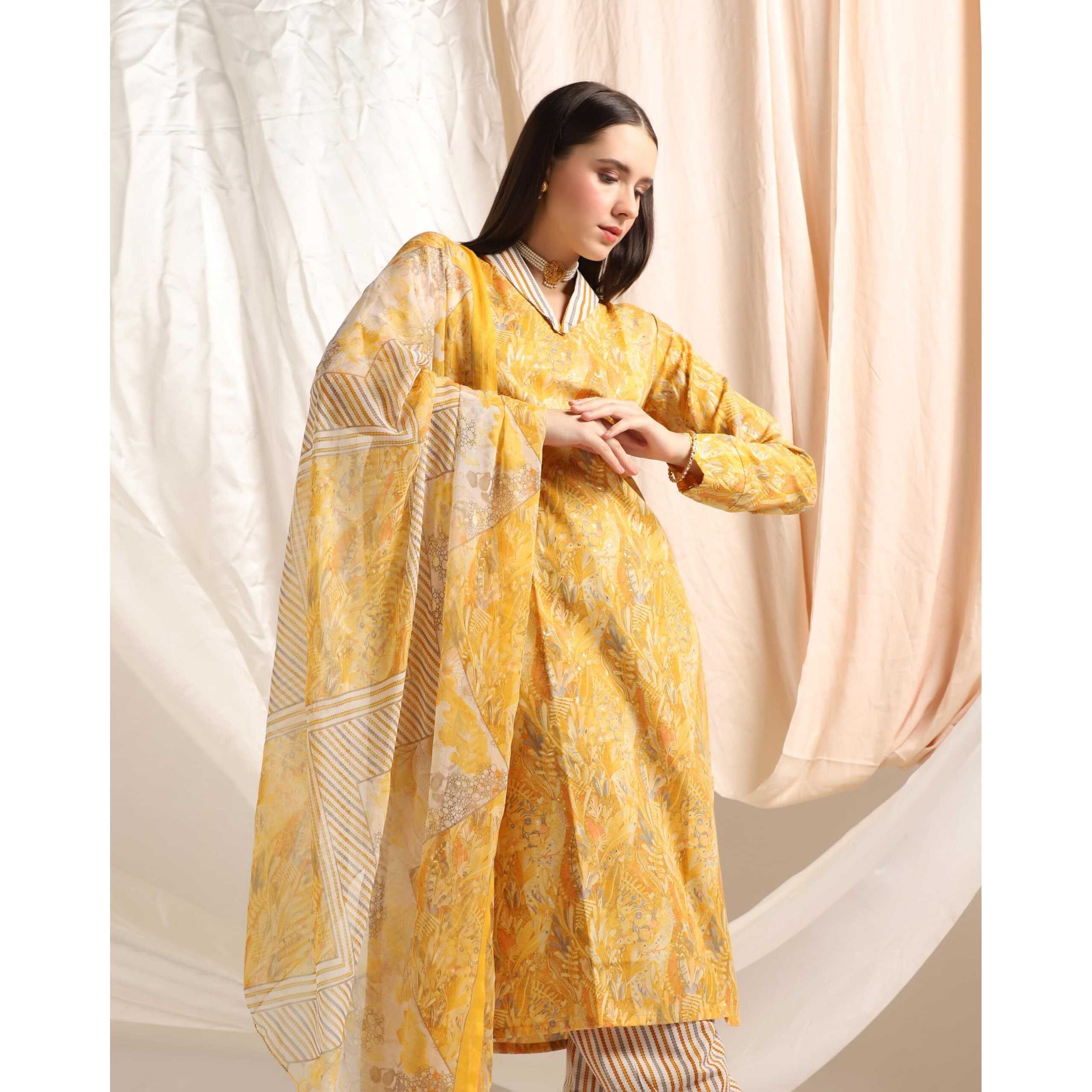 Leriya Fashion Women's Cotton Blend Multi Floral Foil Printed Ethnic Straight Shawl Collar Kurta & Patiyala Style Pant with Dupatta Set for Function Festival Office Wear Kurti Set (XX-Large, Yellow)