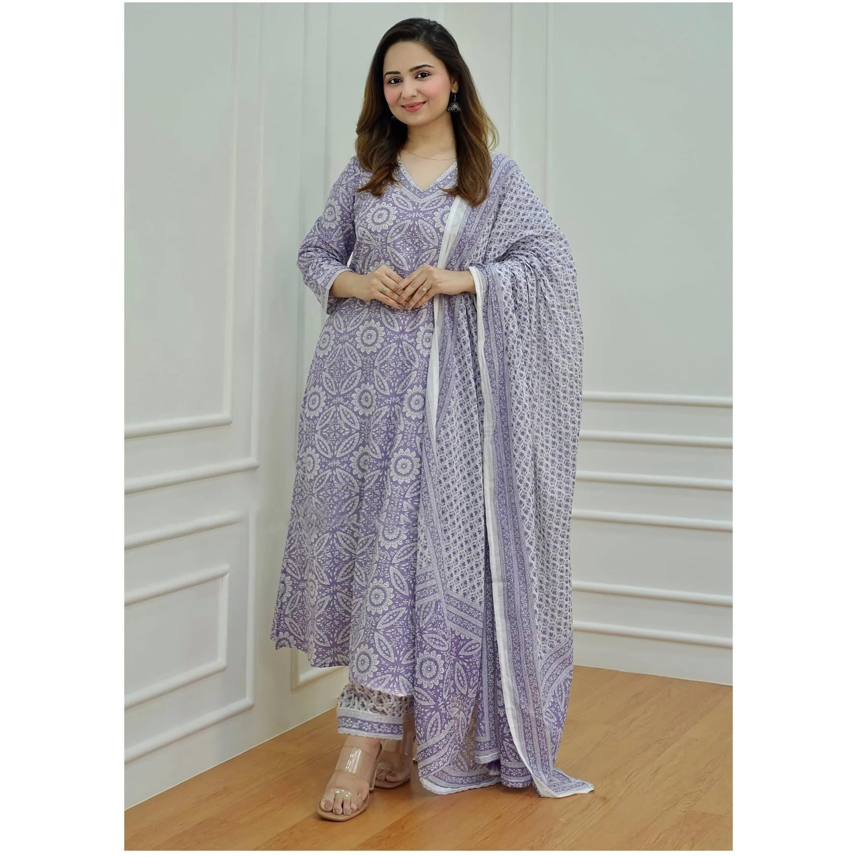 ANNI DESIGNER Women's Cotton Blend Floral Straight Kurta with Pant & Dupatta (Nihira_Purple_Small)