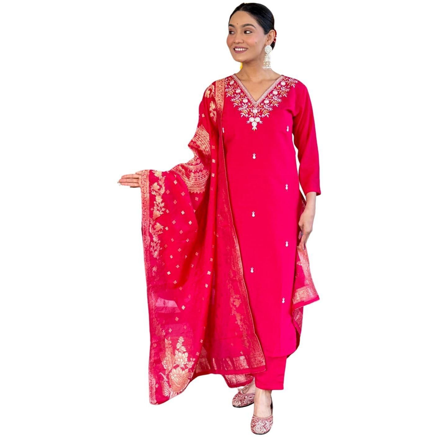 Women's Red Chanderi Viscose Embroidered Straight Kurta with Chanderi Viscose Pant and Naylon Jacquard Dupatta Sets (NX-S-Nirja-Red-M)