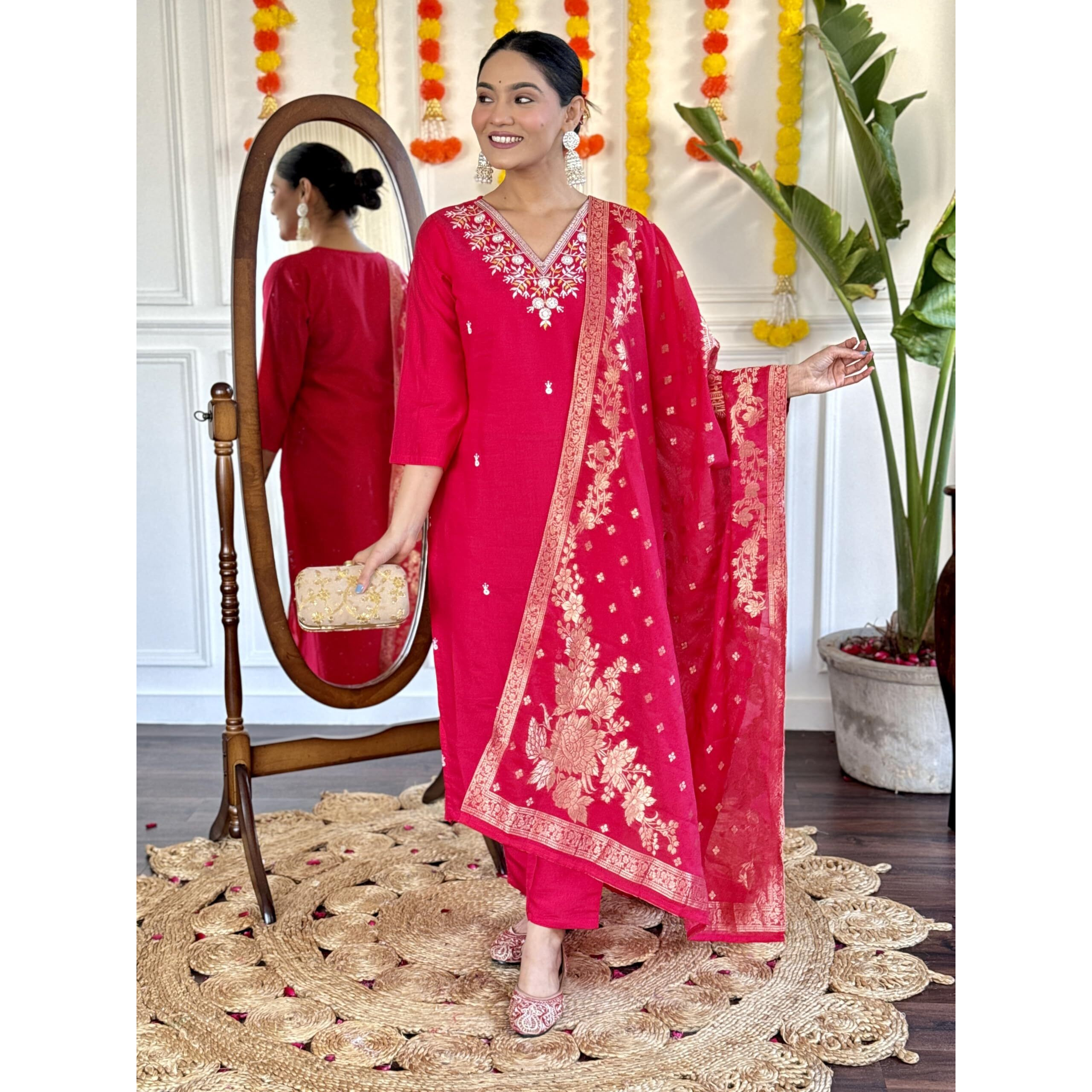 Women's Red Chanderi Viscose Embroidered Straight Kurta with Chanderi Viscose Pant and Naylon Jacquard Dupatta Sets (NX-S-Nirja-Red-M)