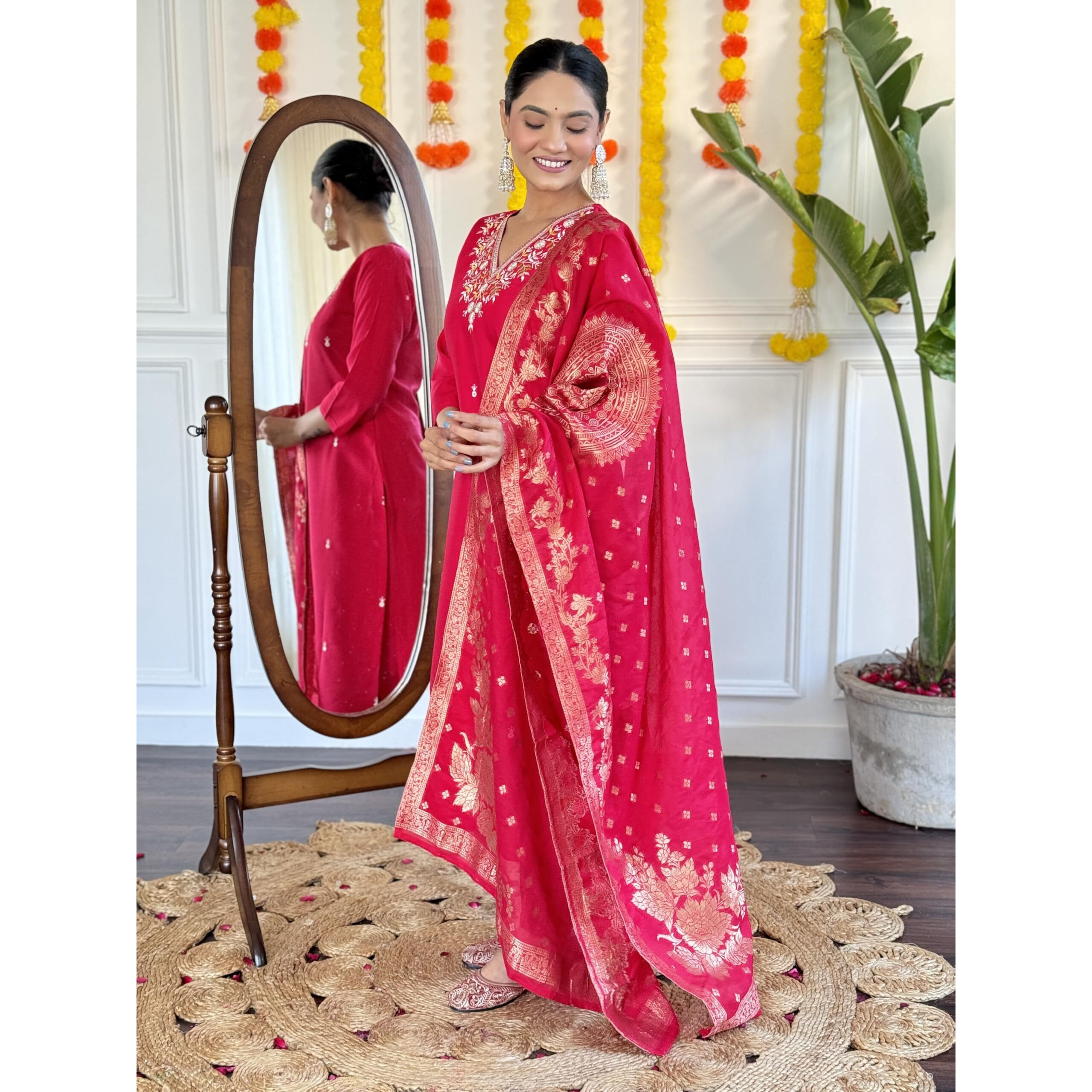 Women's Red Chanderi Viscose Embroidered Straight Kurta with Chanderi Viscose Pant and Naylon Jacquard Dupatta Sets (NX-S-Nirja-Red-M)