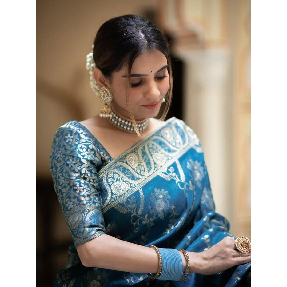 Flosive Women's Kanjivaram Silk Saree With Weaving Work Gold Zari With Blouse Piece (TEAL BLUE)