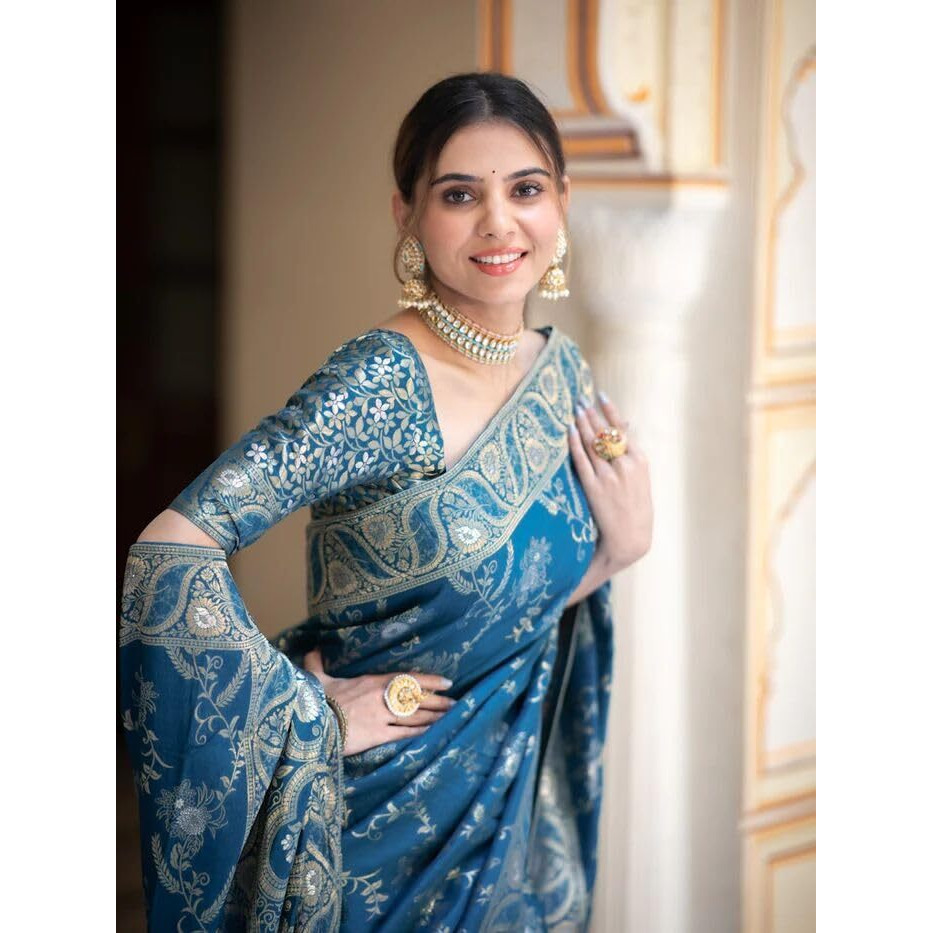 Flosive Women's Kanjivaram Silk Saree With Weaving Work Gold Zari With Blouse Piece (TEAL BLUE)