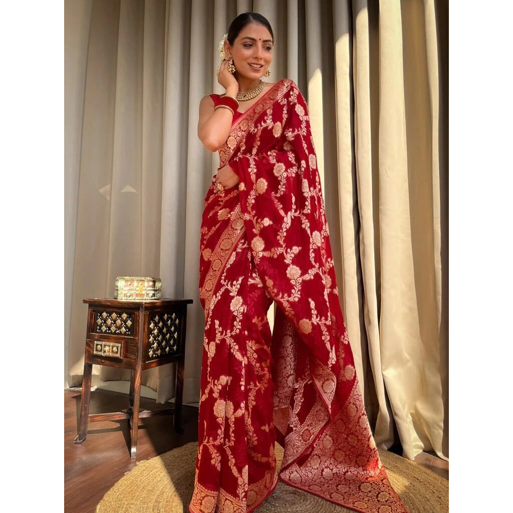 Flosive Women's Kanjivaram Silk Saree With Weaving Work Gold Zari With Blouse (RED)