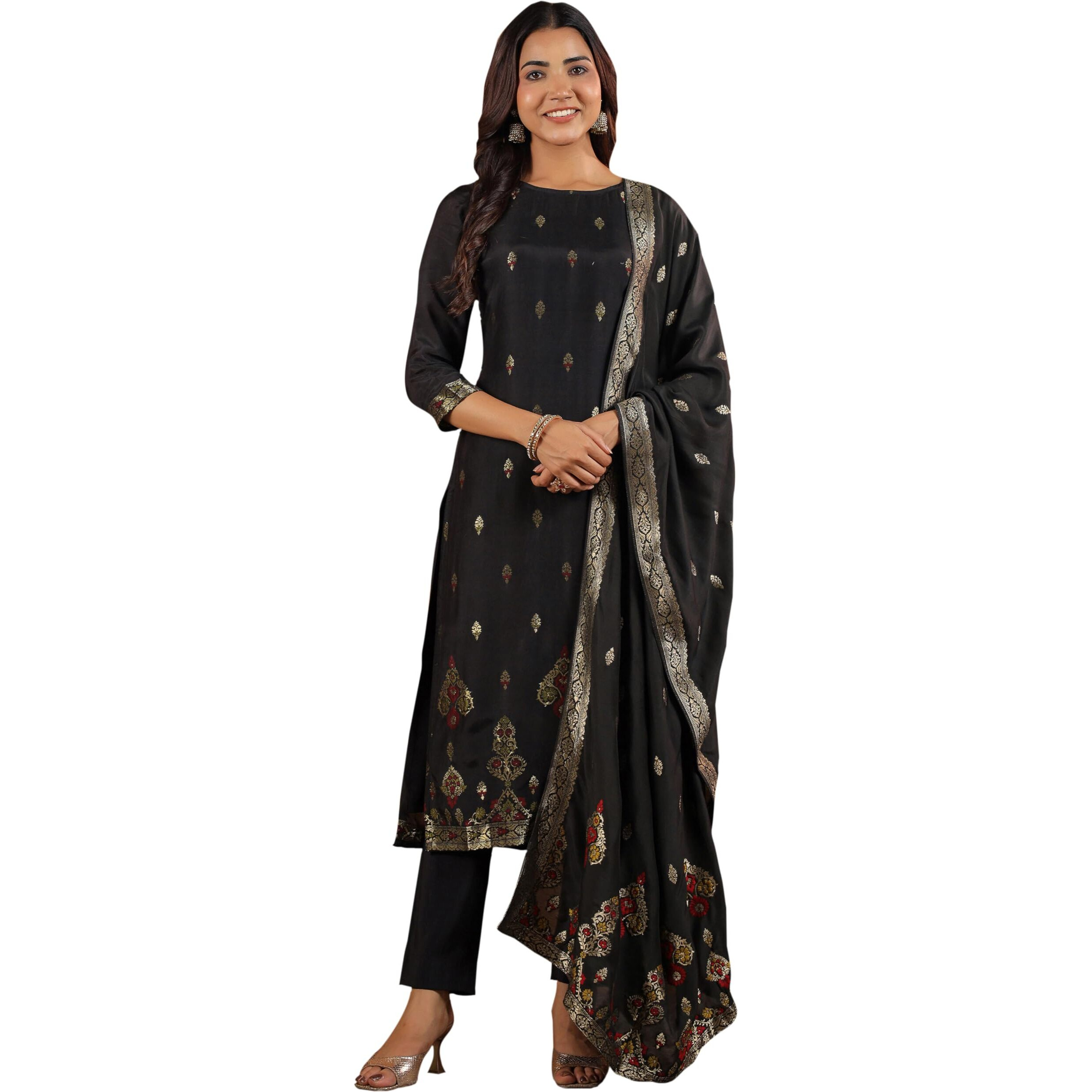 Janasya Women's Black Silk Blend Jacquard Paithani Style Straight Kurta Set (JAC24ST01706-2XL)