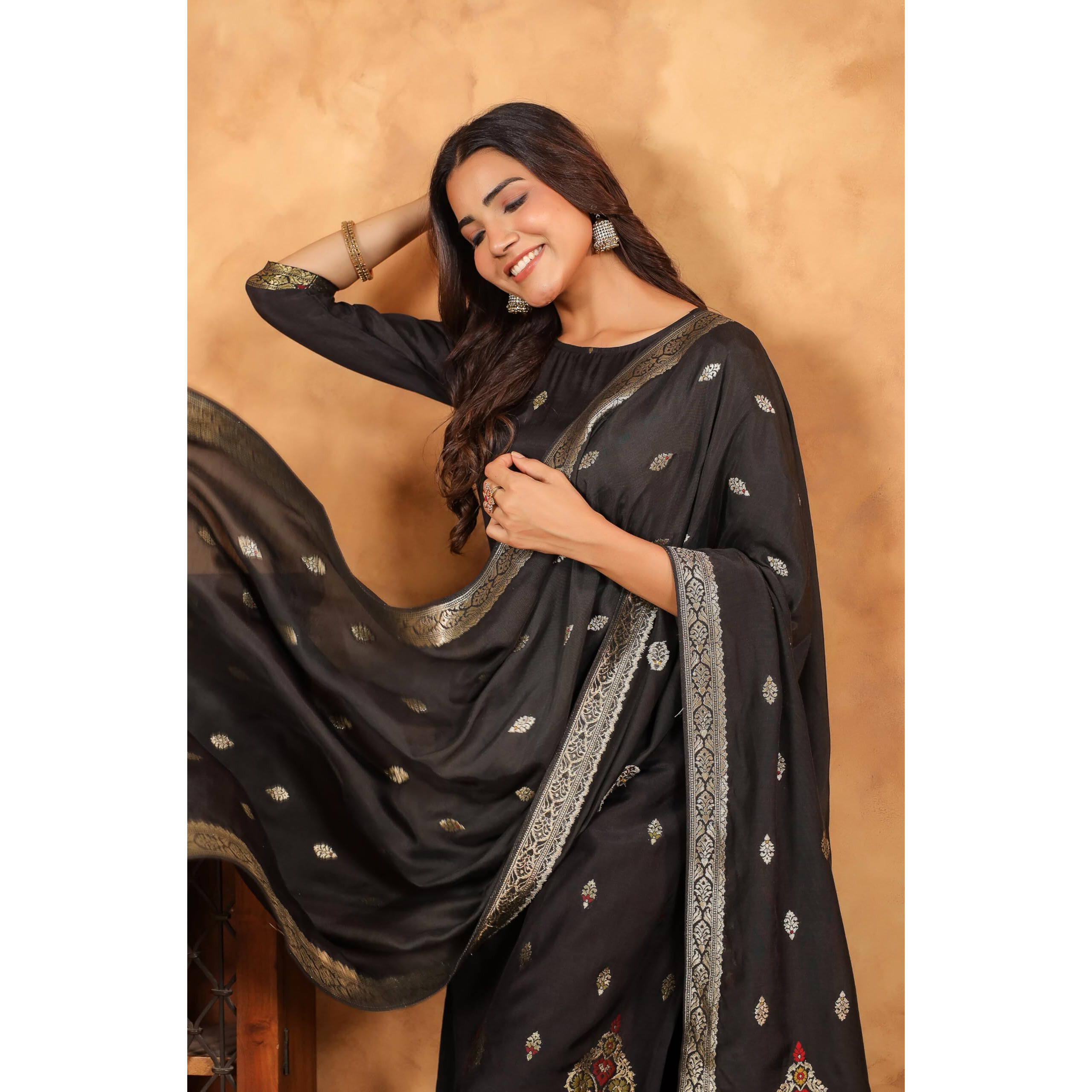 Janasya Women's Black Silk Blend Jacquard Paithani Style Straight Kurta Set (JAC24ST01706-2XL)