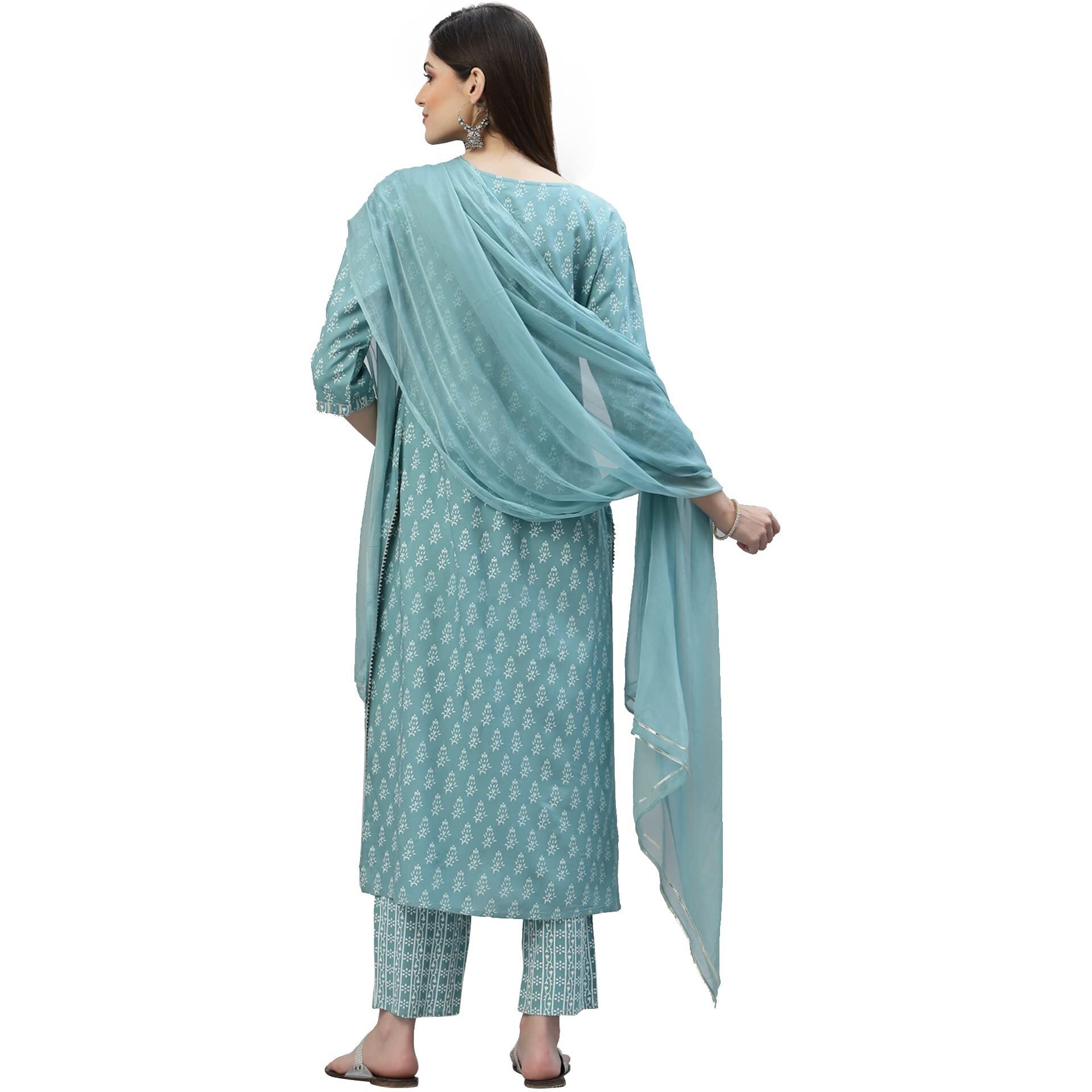 Stylum Women's Floral Printed Rayon Kurta Pant Dupatta Set (KPDAQUASEAL40_Blue, L)