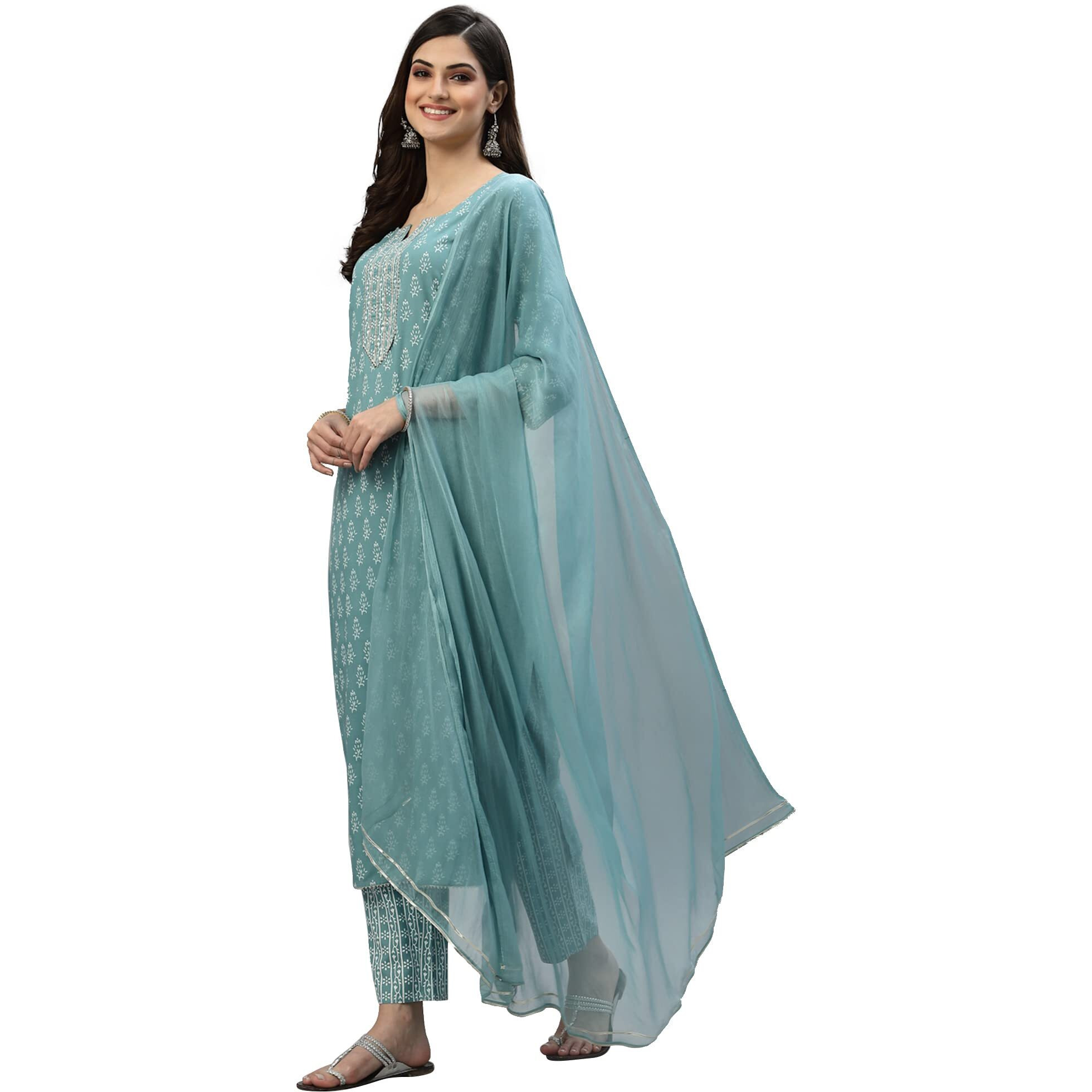 Stylum Women's Floral Printed Rayon Kurta Pant Dupatta Set (KPDAQUASEAL40_Blue, L)