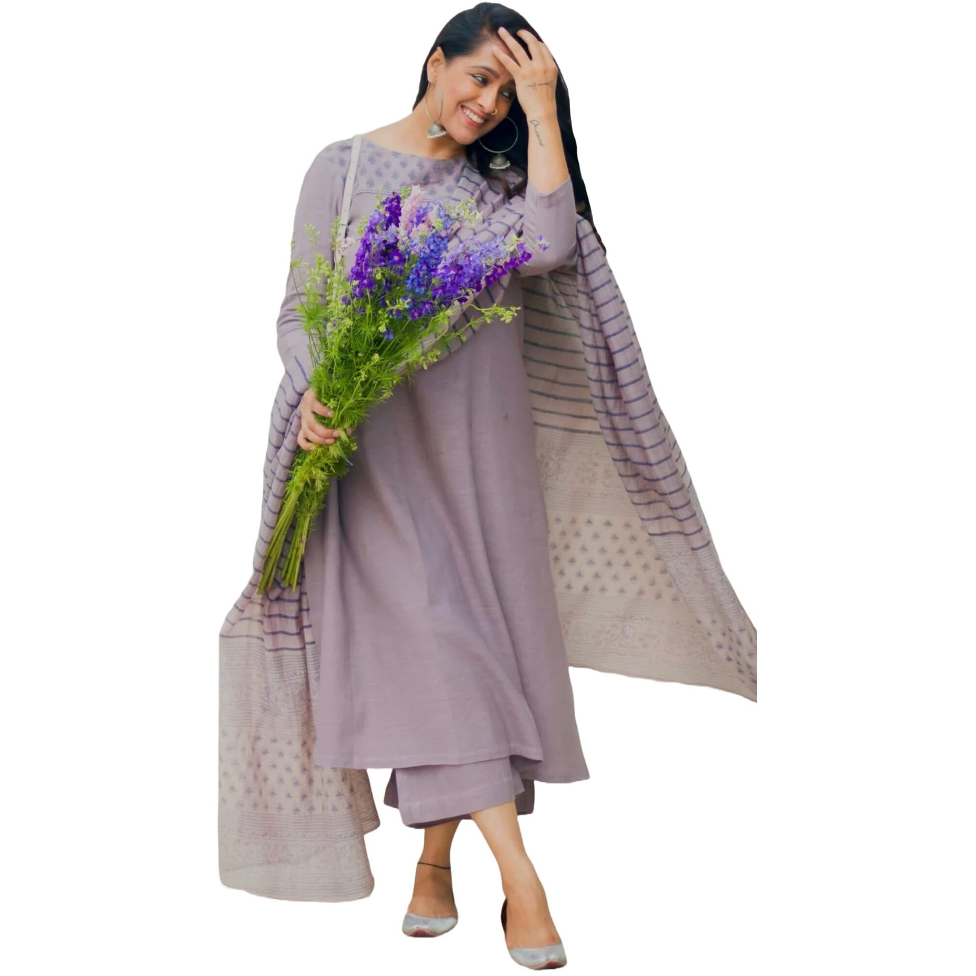 ANNI DESIGNER Women's Rayon Blend Straight Printed Kurta with Pant & Dupatta (Purika Purple_M_Purple_Medium)