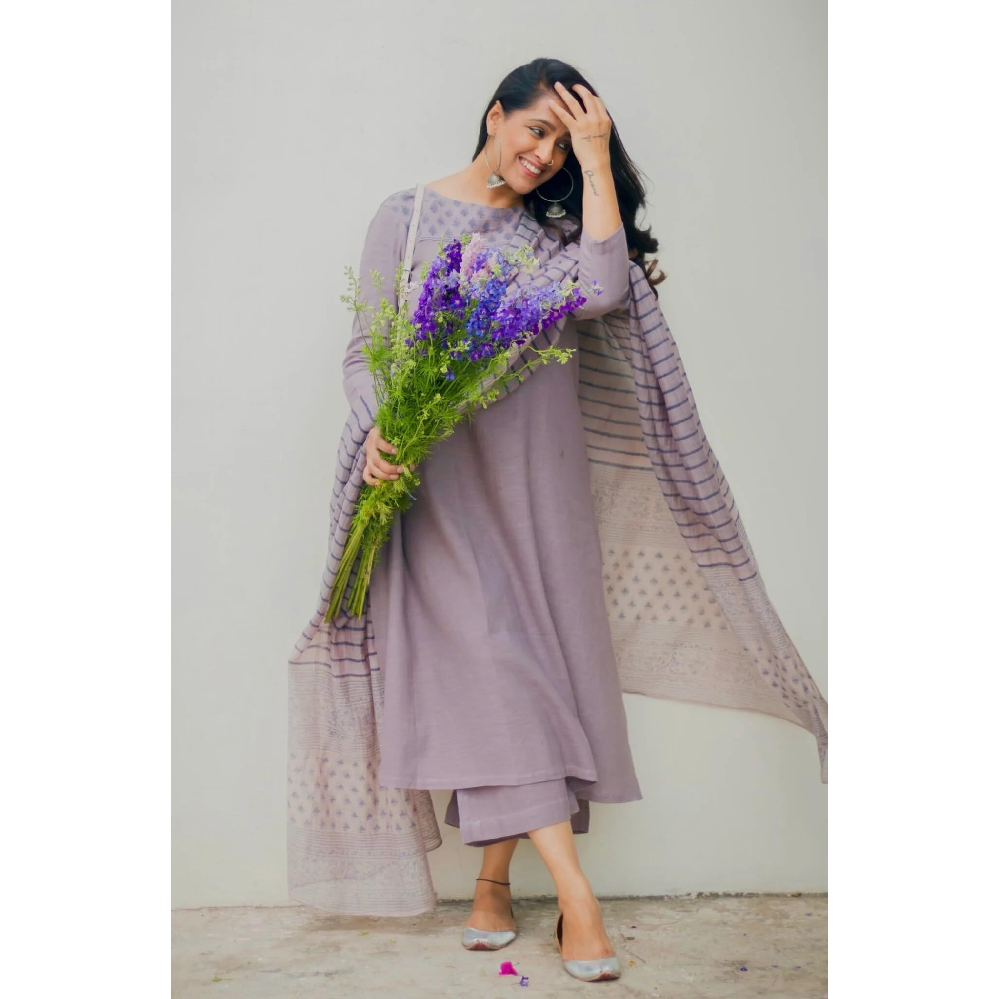 ANNI DESIGNER Women's Rayon Blend Straight Printed Kurta with Pant & Dupatta (Purika Purple_M_Purple_Medium)