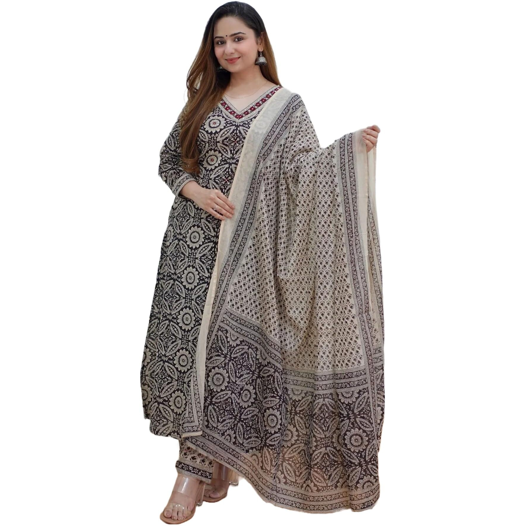 ANNI DESIGNER Women's Cotton Blend Block Printed Straight Kurta with Pant & Dupatta (Nihira Cream_S_Black_Small)