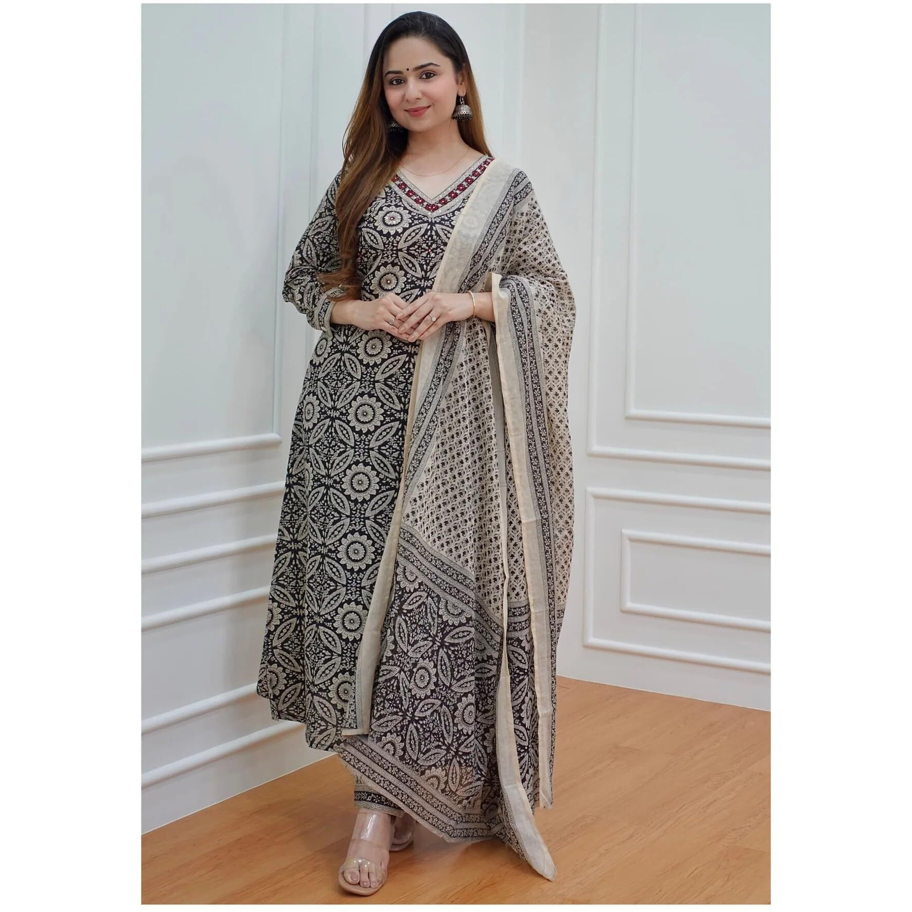 ANNI DESIGNER Women's Cotton Blend Block Printed Straight Kurta with Pant & Dupatta (Nihira Cream_S_Black_Small)