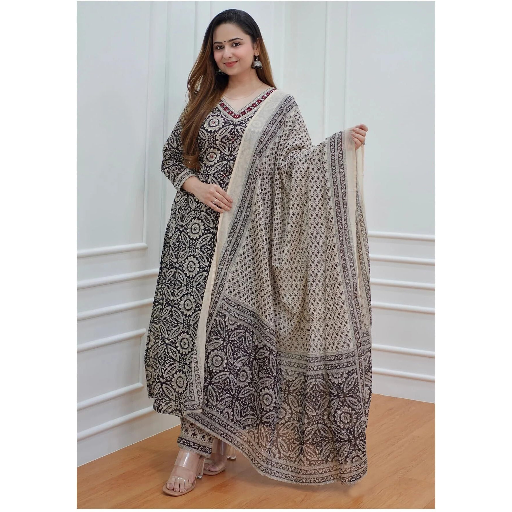ANNI DESIGNER Women's Cotton Blend Block Printed Straight Kurta with Pant & Dupatta (Nihira Cream_S_Black_Small)