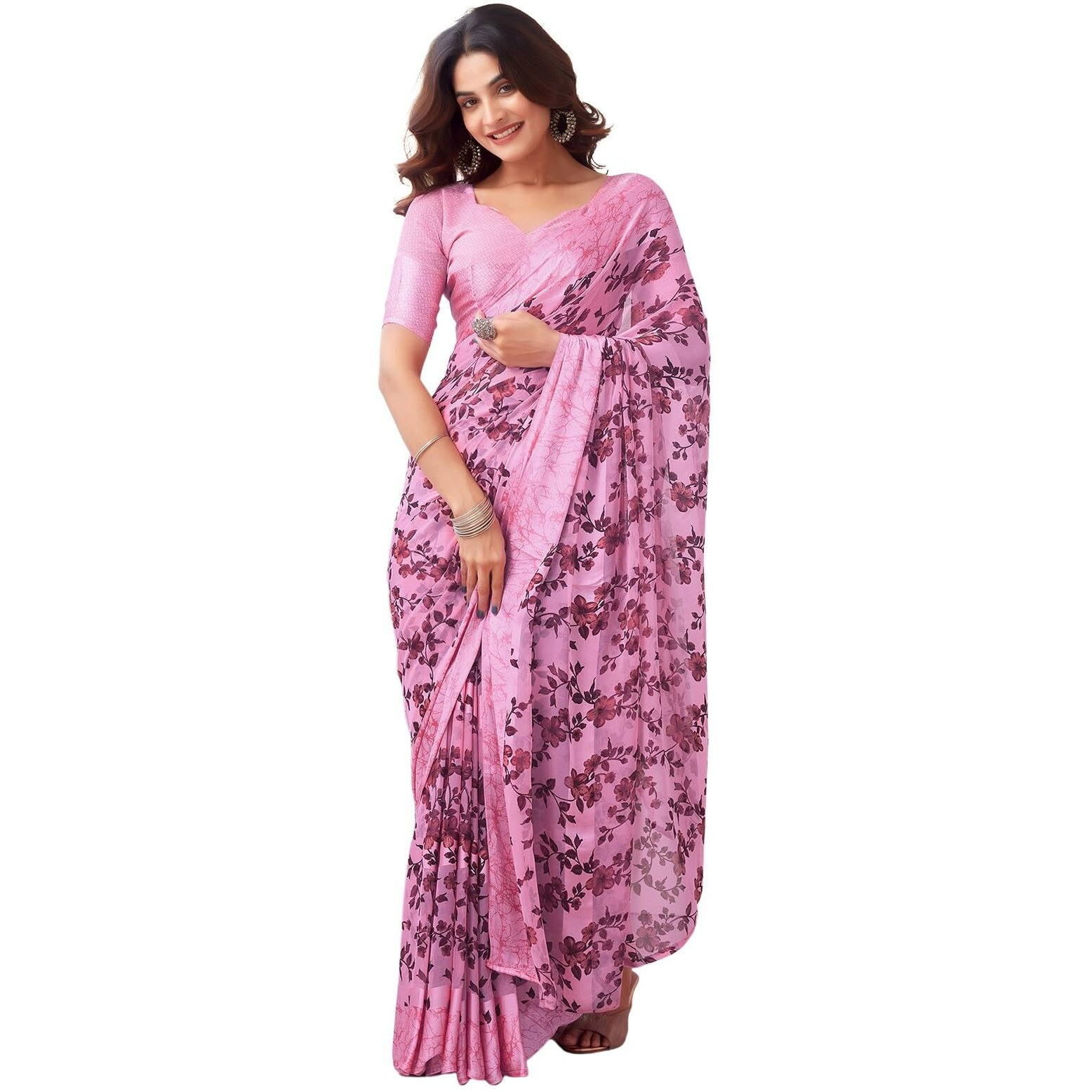 Satrani Women's Georgette Floral Printed Satin Stripe Saree with Unstitched Blouse Piece (3923S138N_Pink)