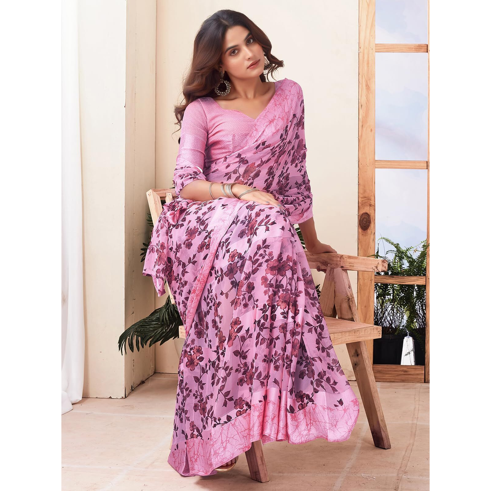 Satrani Women's Georgette Floral Printed Satin Stripe Saree with Unstitched Blouse Piece (3923S138N_Pink)