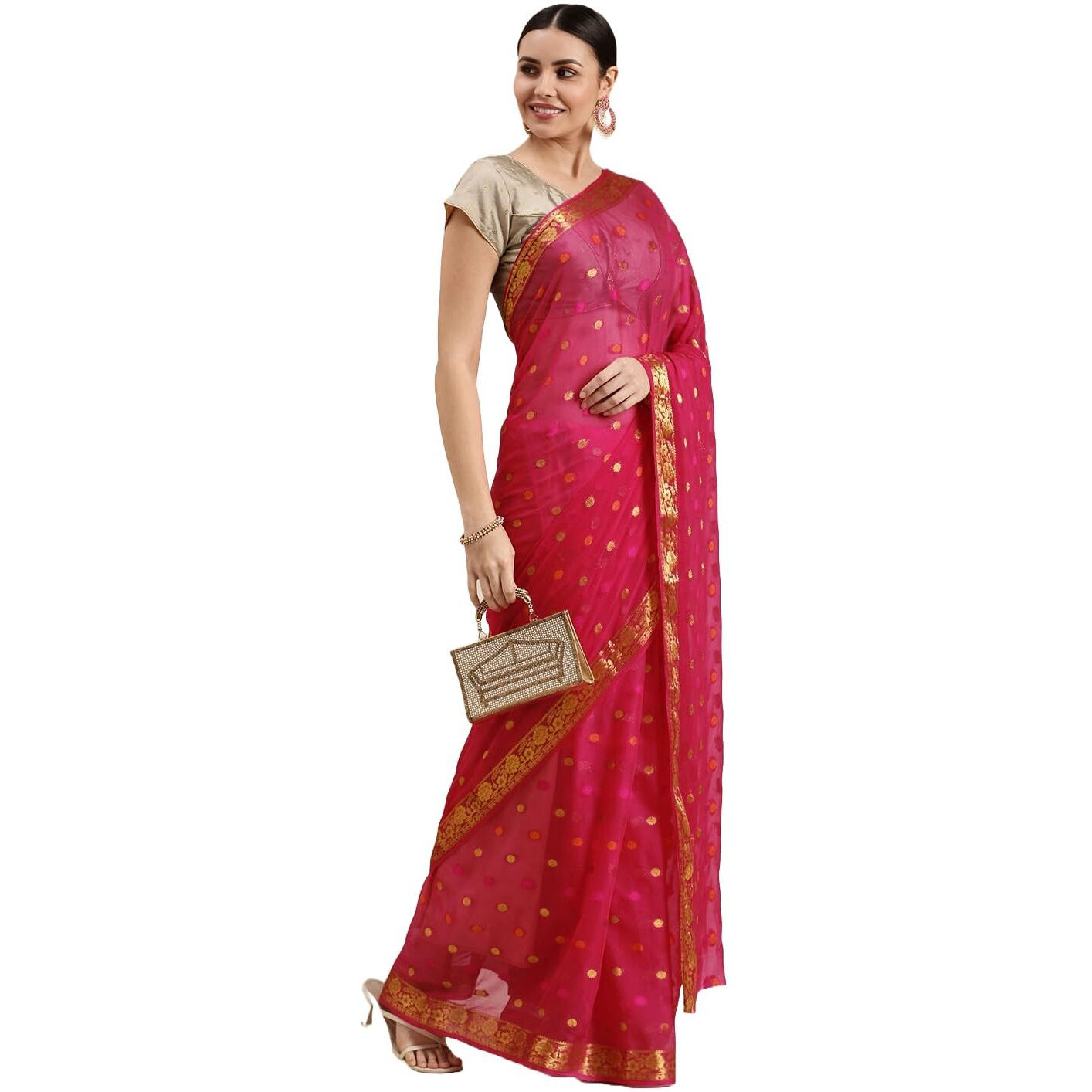 RANI SAAHIBA Women's Woven Chiffon Saree With Blouse (SKR11782_Rani Pink)