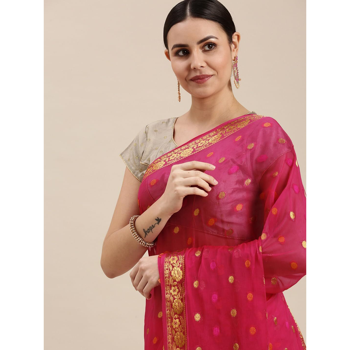 RANI SAAHIBA Women's Woven Chiffon Saree With Blouse (SKR11782_Rani Pink)