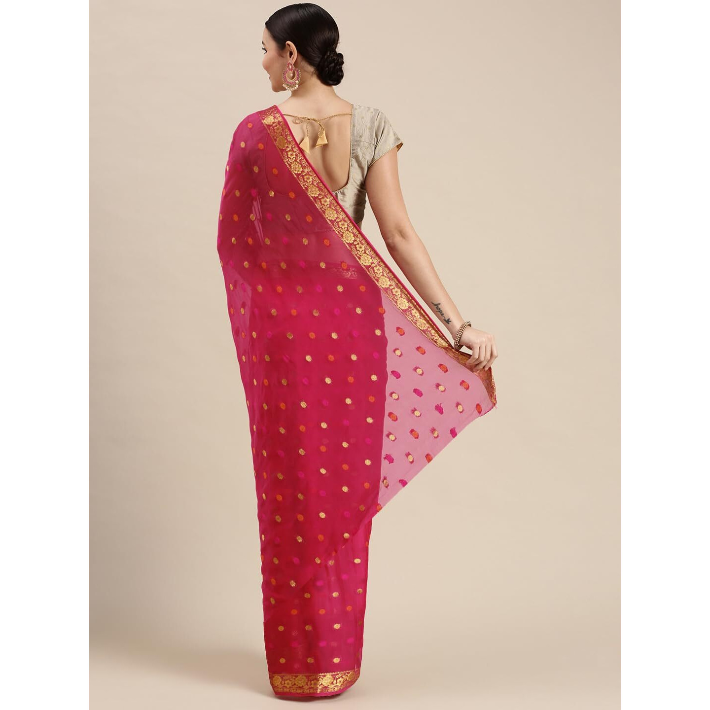 RANI SAAHIBA Women's Woven Chiffon Saree With Blouse (SKR11782_Rani Pink)