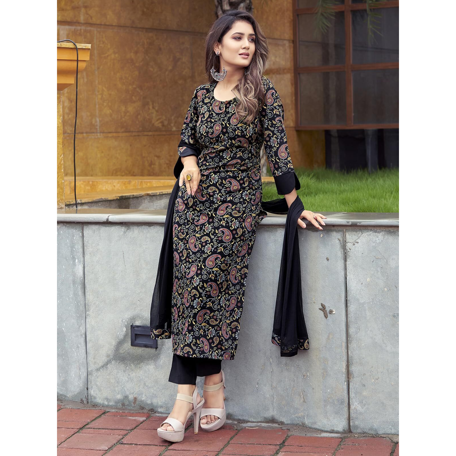 Sanisa Women's Crepe Printed Straight Kurta with Pant and Fabric Lace Work Dupatta (100KBD1095NZ-XXL_Black & Multi)