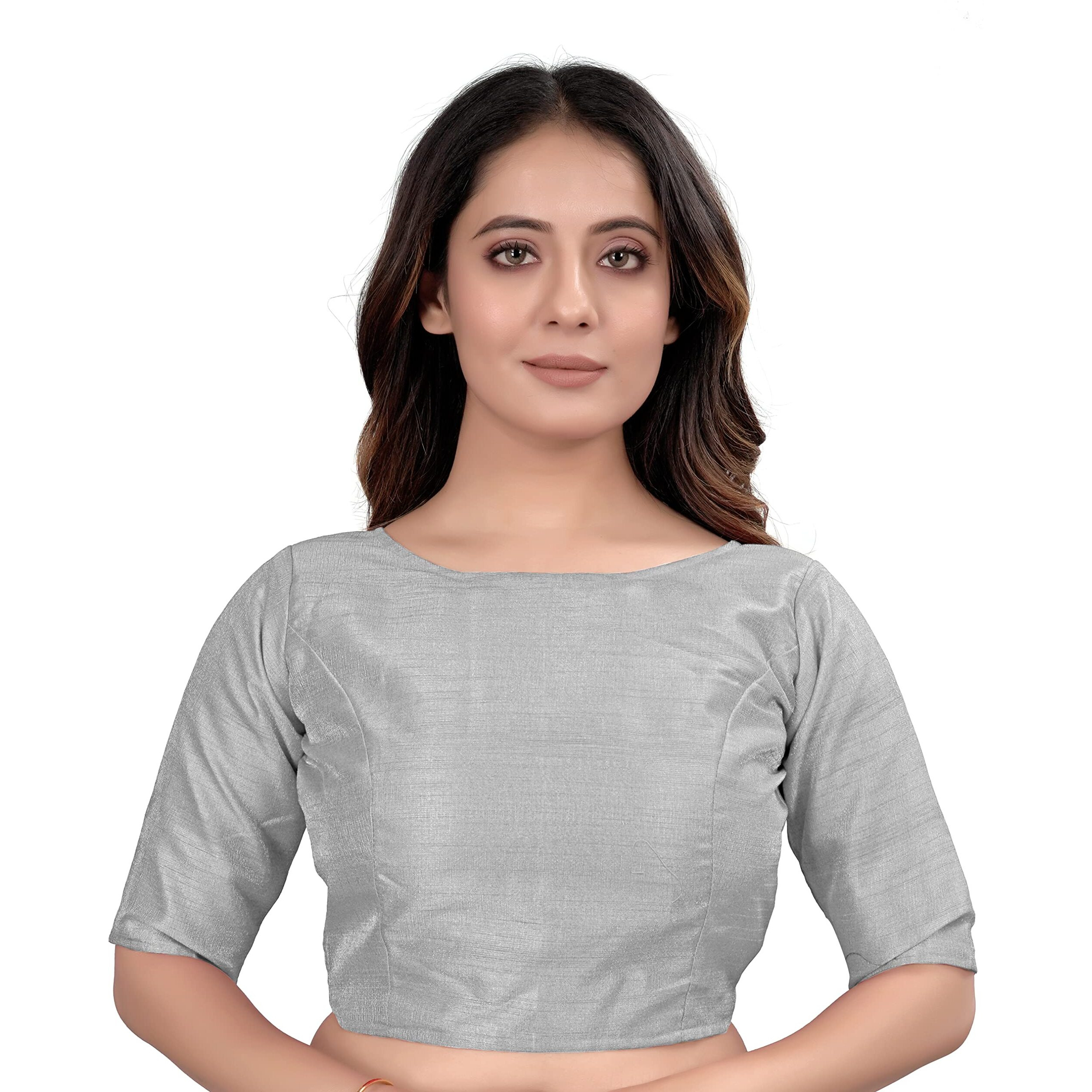 Vihu Fashion Women's Slub Silk Boat Neck with Elbow Length Sleeve Plain Fancy Blouse(Slub Silver_M)