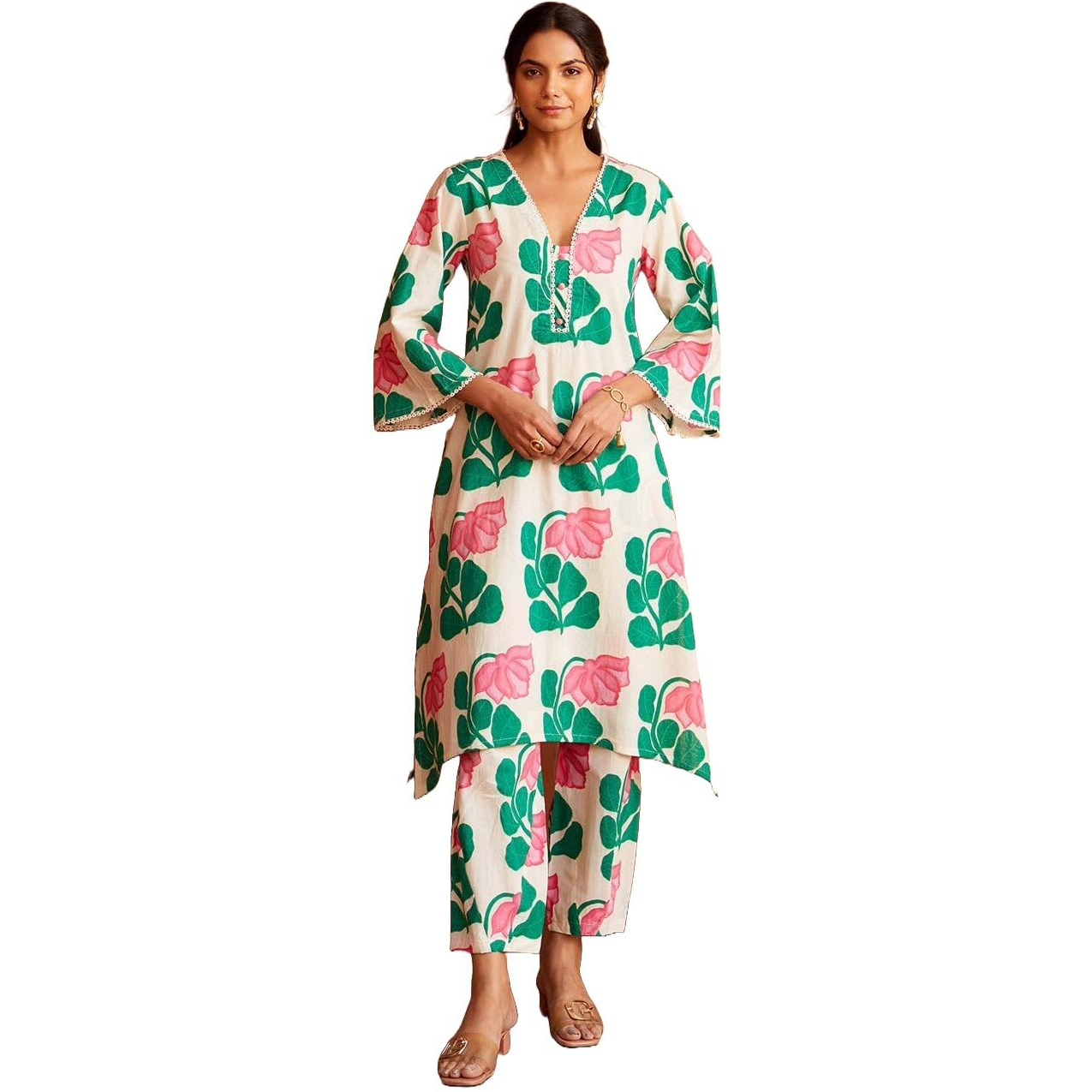 Yashika Women's Regular 3/4 Sleeve Floral Printed Kurti Pant Set, Cotton Blend, Knee Length, Stylish Ethnic Outfit, Office, and Casual Occasions (AZ-YS-OG1-KS2167-Parent_White