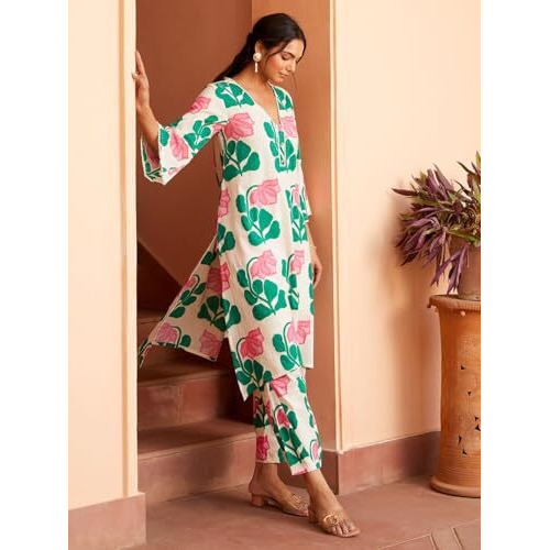 Yashika Women's Regular 3/4 Sleeve Floral Printed Kurti Pant Set, Cotton Blend, Knee Length, Stylish Ethnic Outfit, Office, and Casual Occasions (AZ-YS-OG1-KS2167-Parent_White