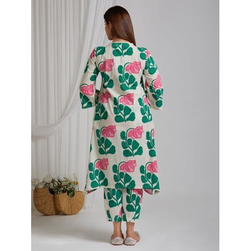 Yashika Women's Regular 3/4 Sleeve Floral Printed Kurti Pant Set, Cotton Blend, Knee Length, Stylish Ethnic Outfit, Office, and Casual Occasions (AZ-YS-OG1-KS2167-Parent_White
